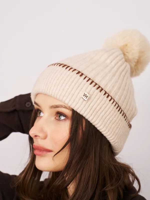 RIBBED POMPOM BEANIE - IVORY/TAN sold by Vintage Havana