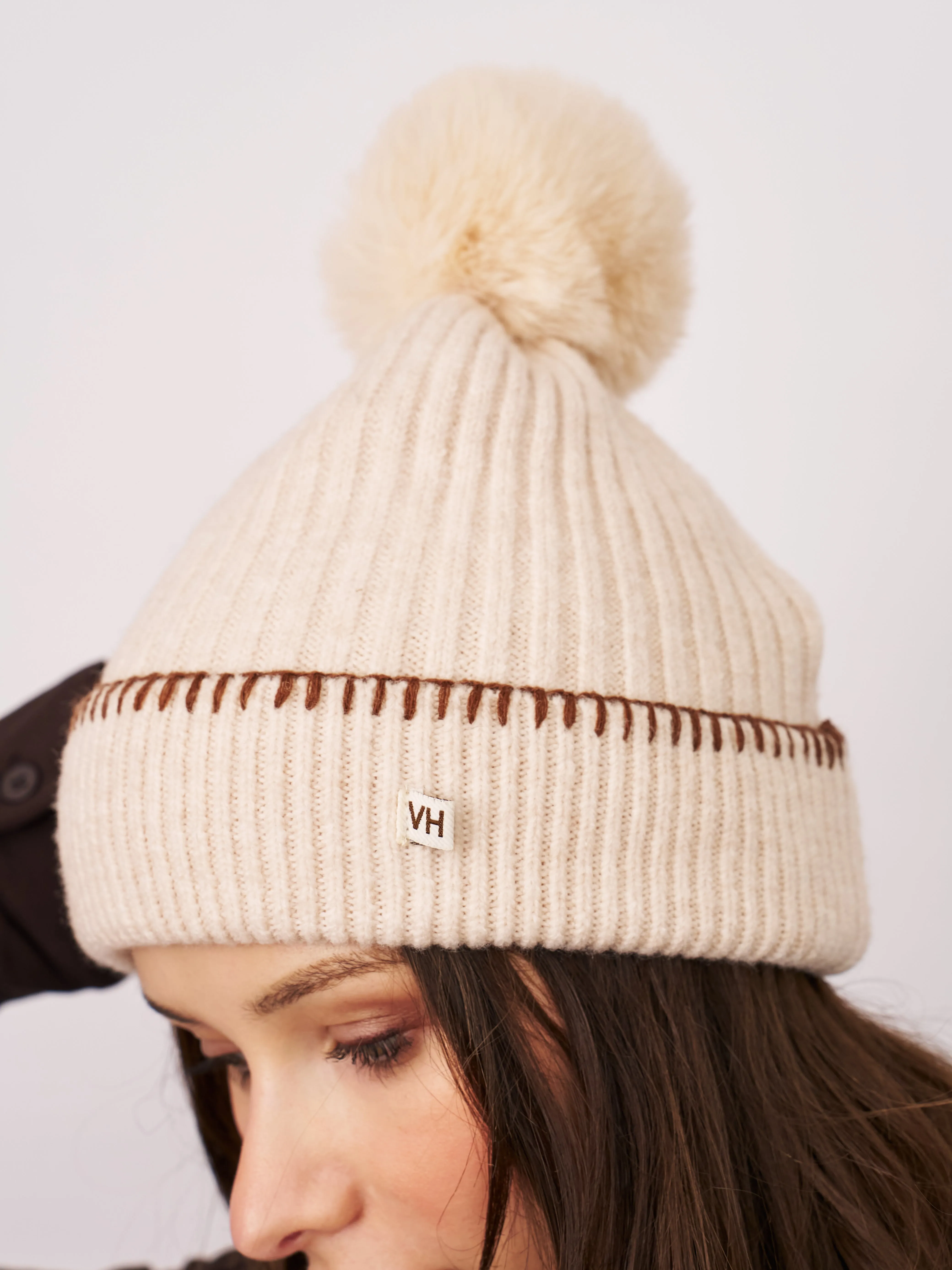 RIBBED POMPOM BEANIE - IVORY/TAN sold by Vintage Havana product image thumbnail 2