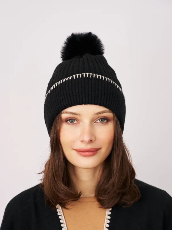 RIBBED POMPOM BEANIE - BLACK/IVORY sold by Vintage Havana