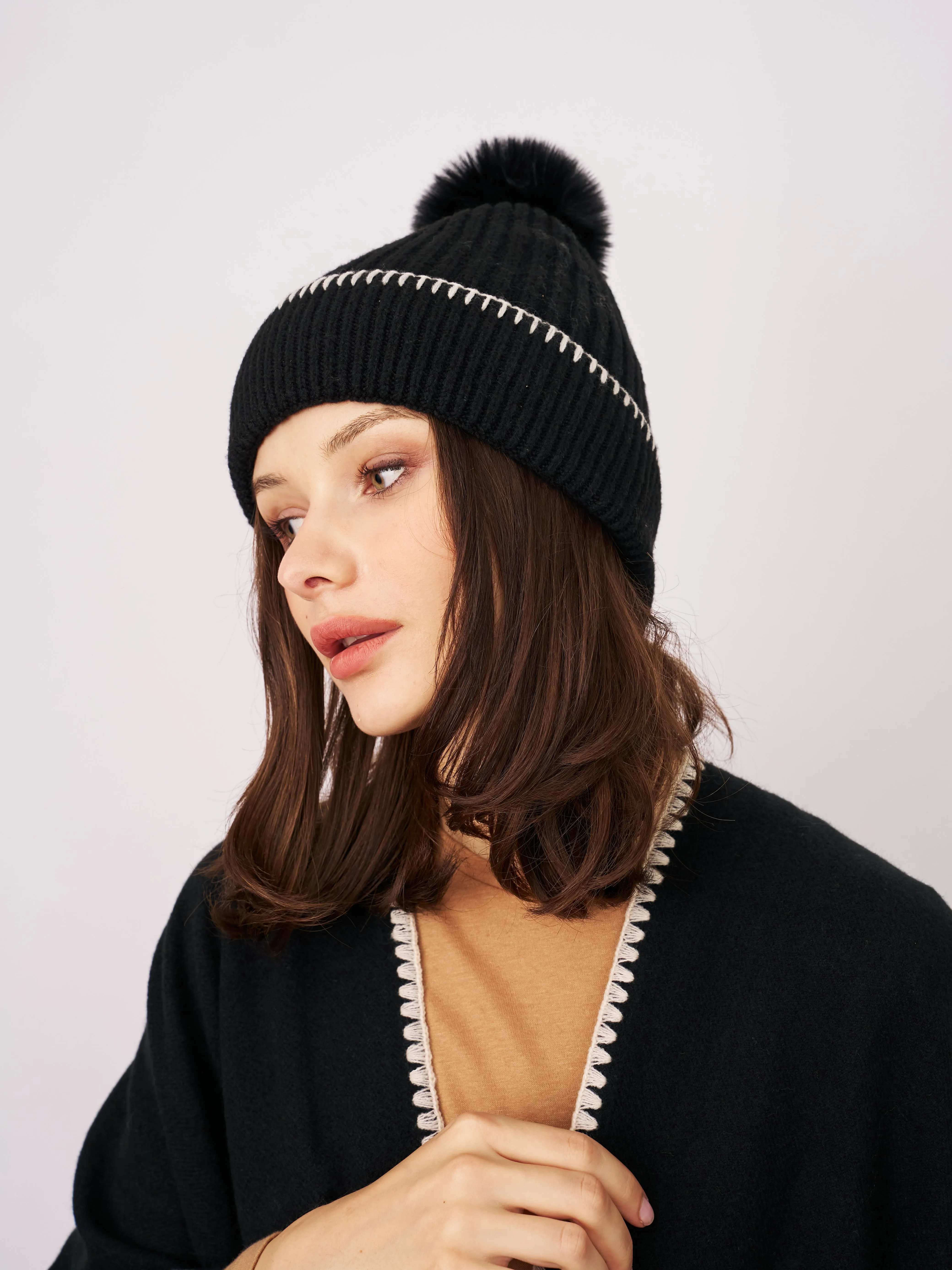 RIBBED POMPOM BEANIE - BLACK/IVORY sold by Vintage Havana product image thumbnail 3