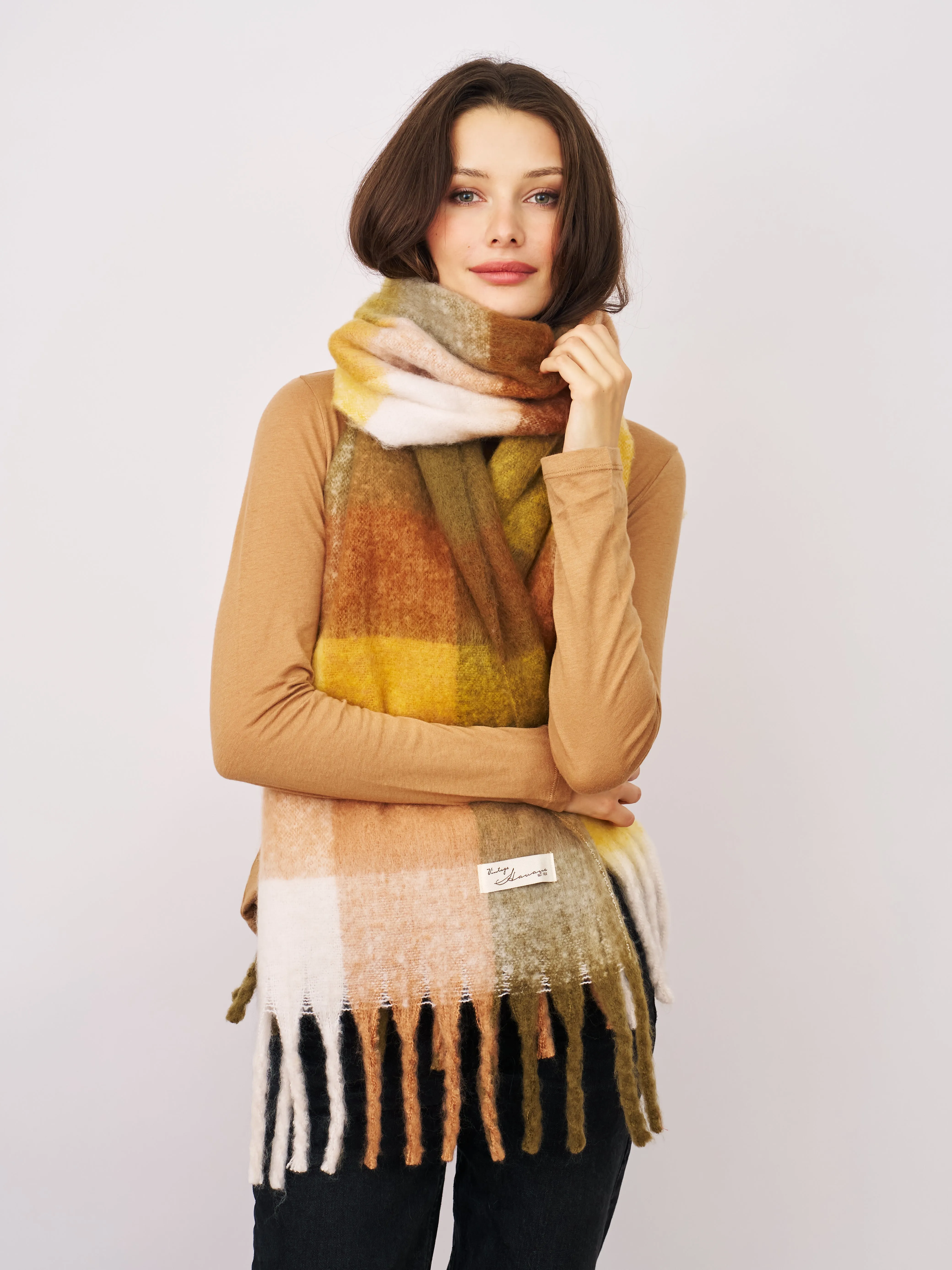 CHECK BRUSH TASSEL SCARF - YELLOW sold by Vintage Havana product image thumbnail 2