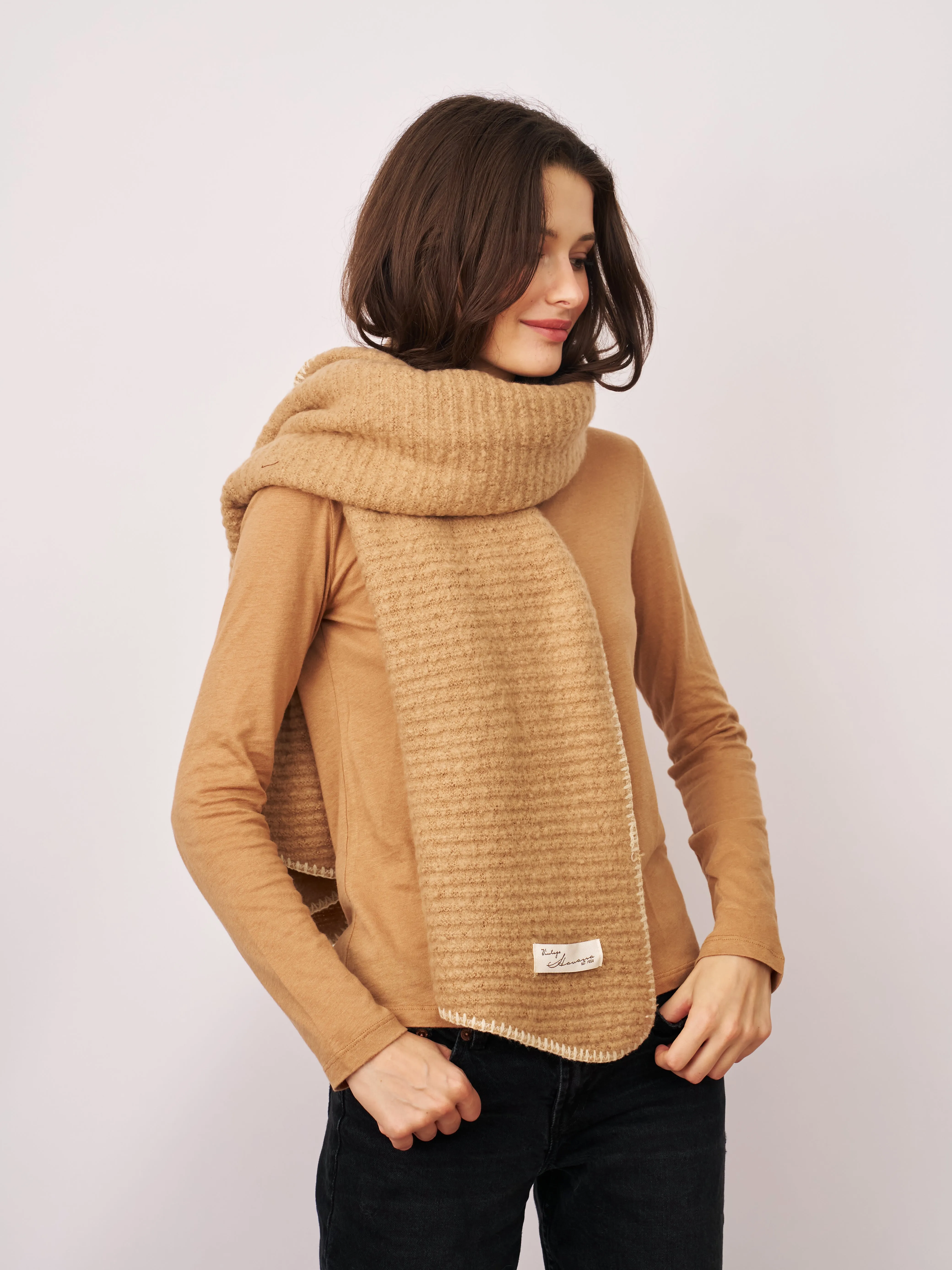 BLANKET STITCH KNIT SCARF - WHEAT/IVORY sold by Vintage Havana