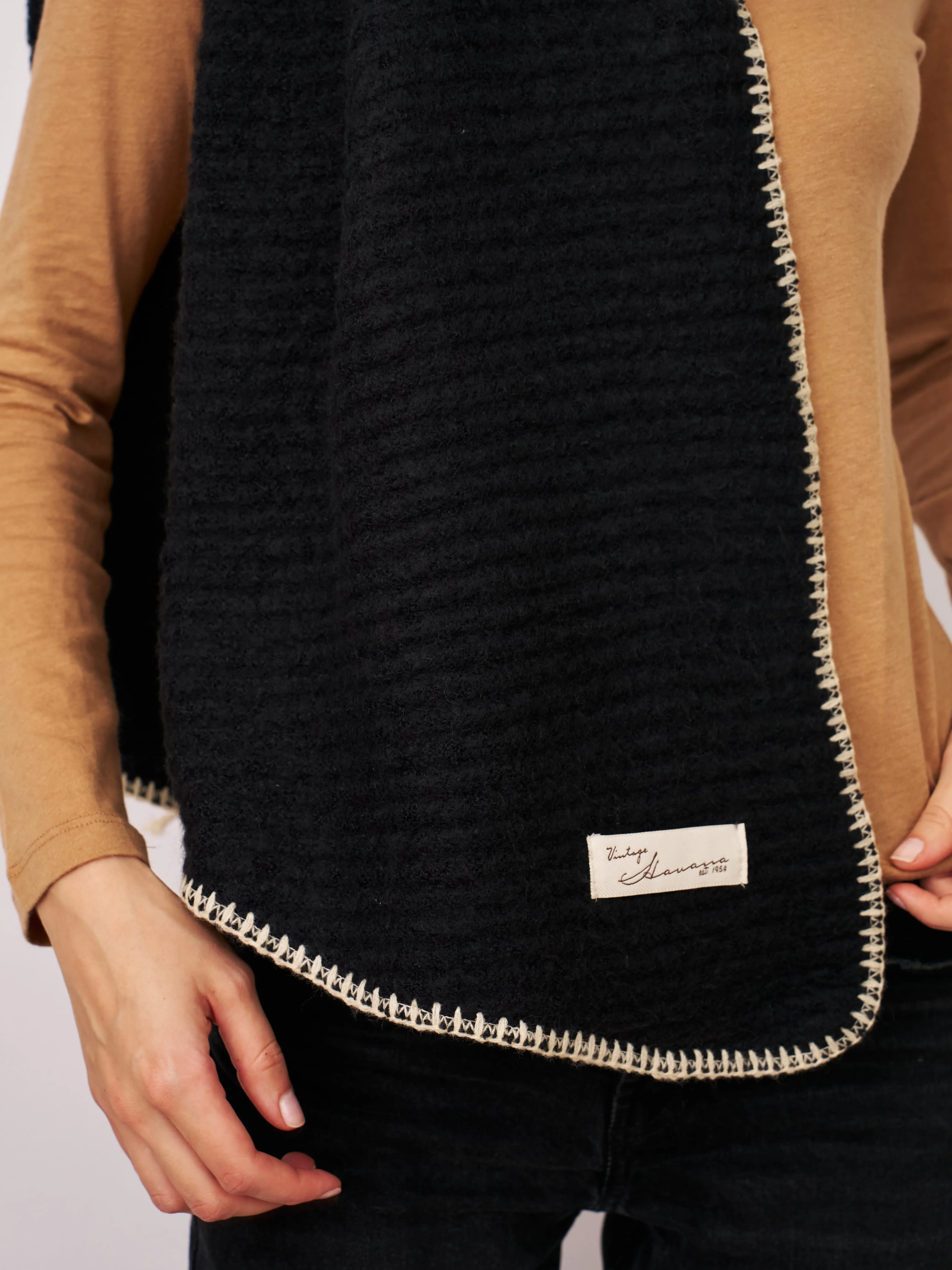 BLANKET STITCH KNIT SCARF - BLACK/IVORY sold by Vintage Havana product image thumbnail 3