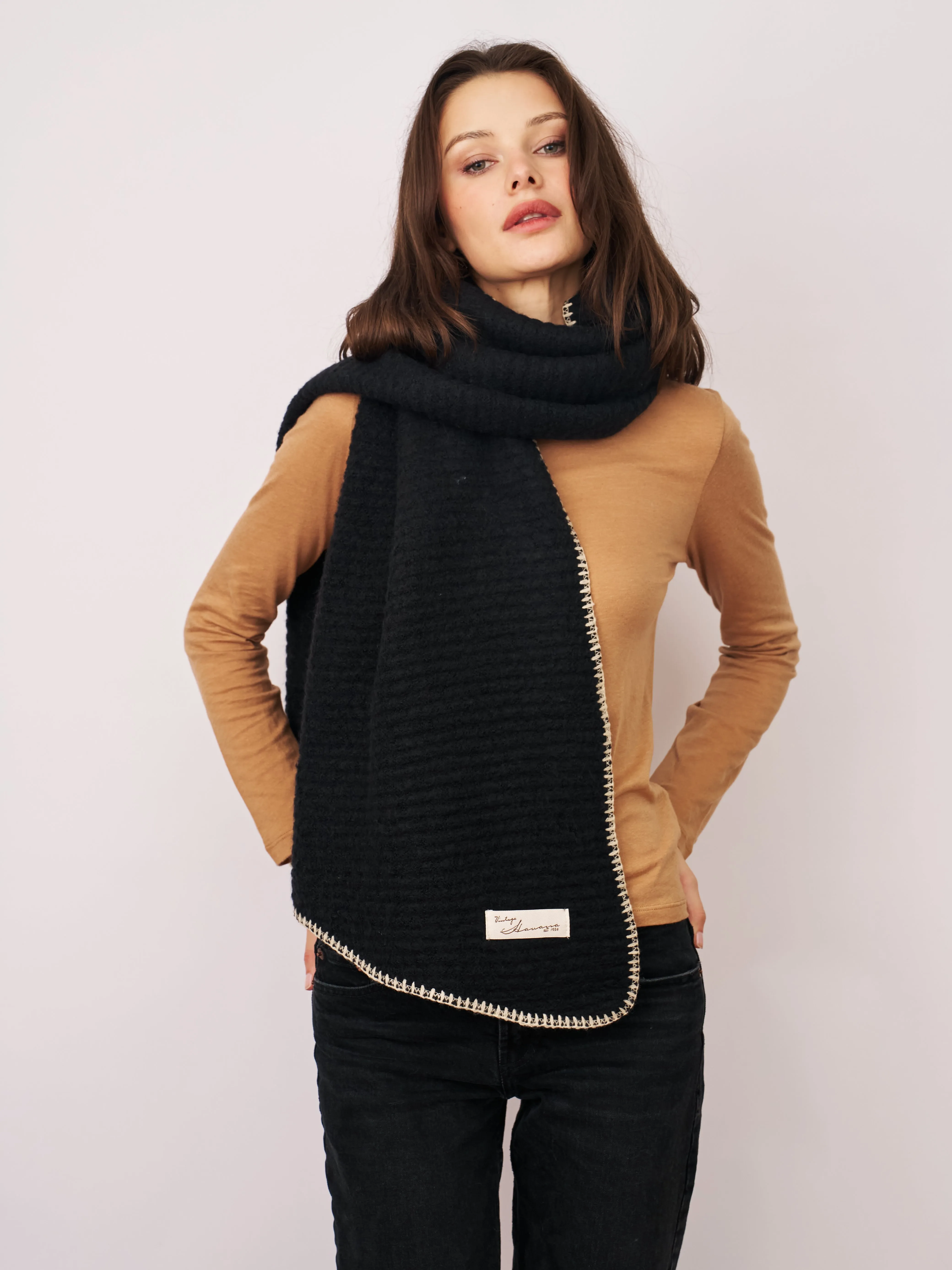 BLANKET STITCH KNIT SCARF - BLACK/IVORY sold by Vintage Havana