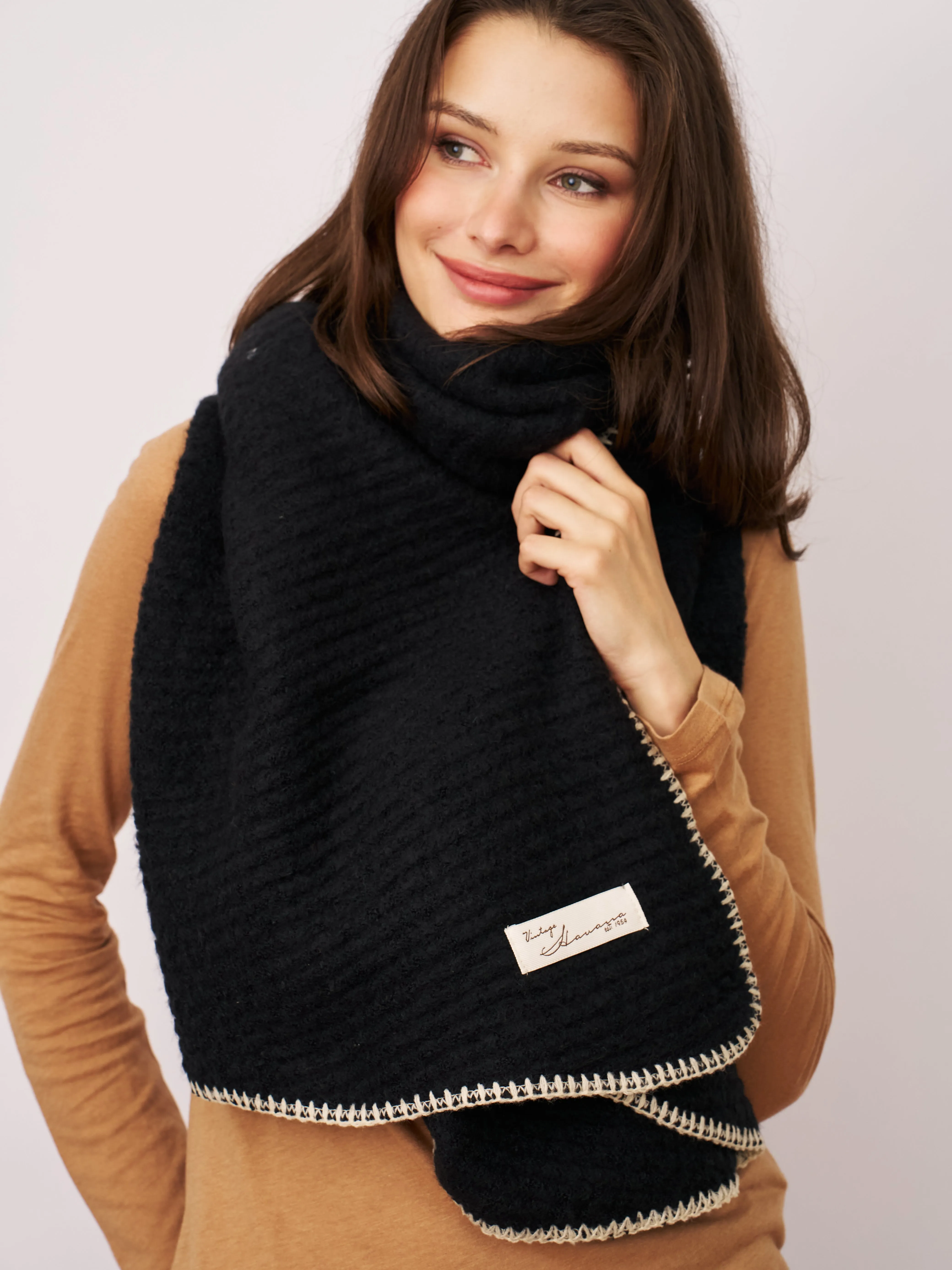 BLANKET STITCH KNIT SCARF - BLACK/IVORY sold by Vintage Havana product image thumbnail 2