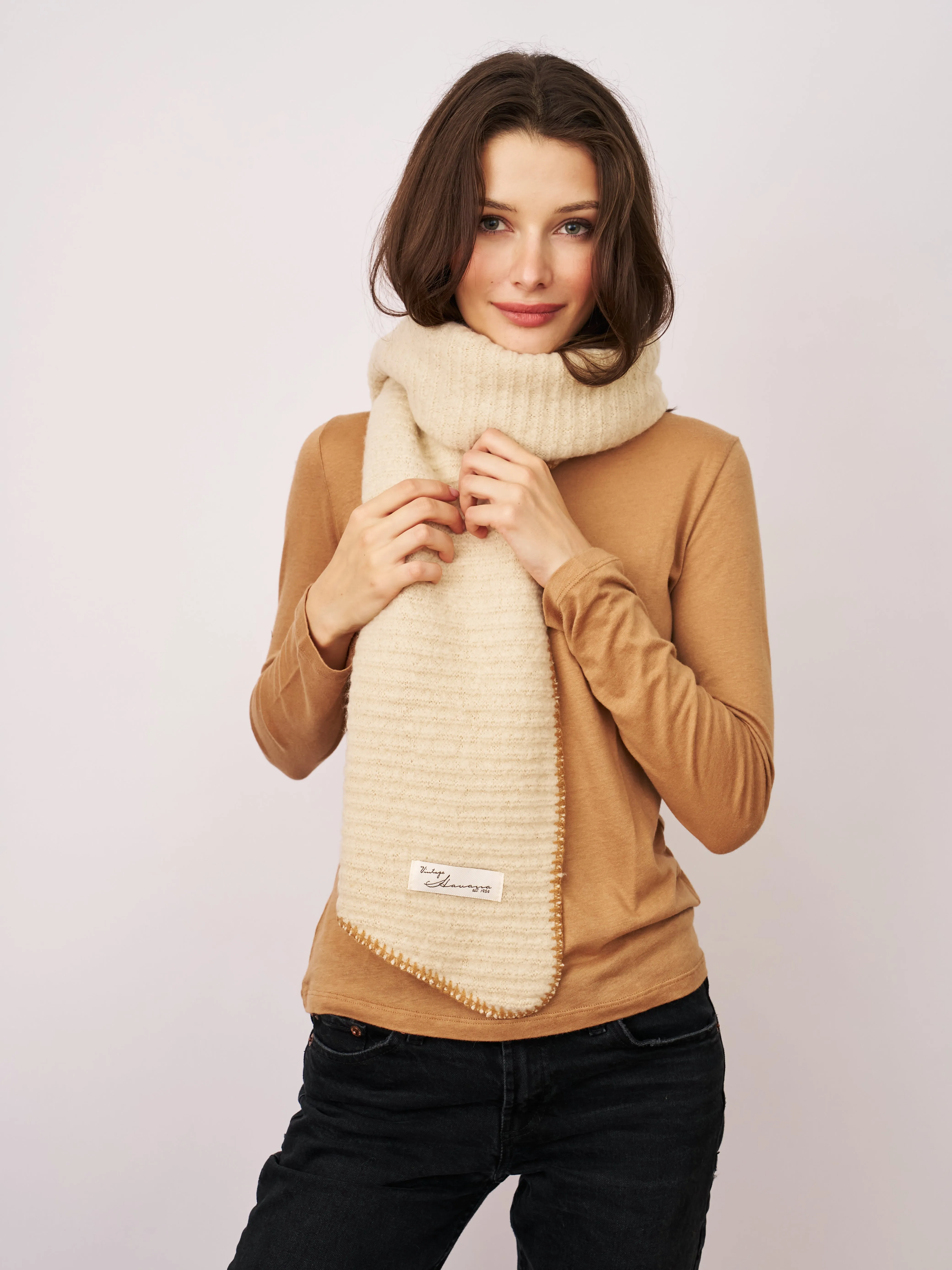 BLANKET STITCH KNIT SCARF - IVORY/WHEAT sold by Vintage Havana product image thumbnail 3