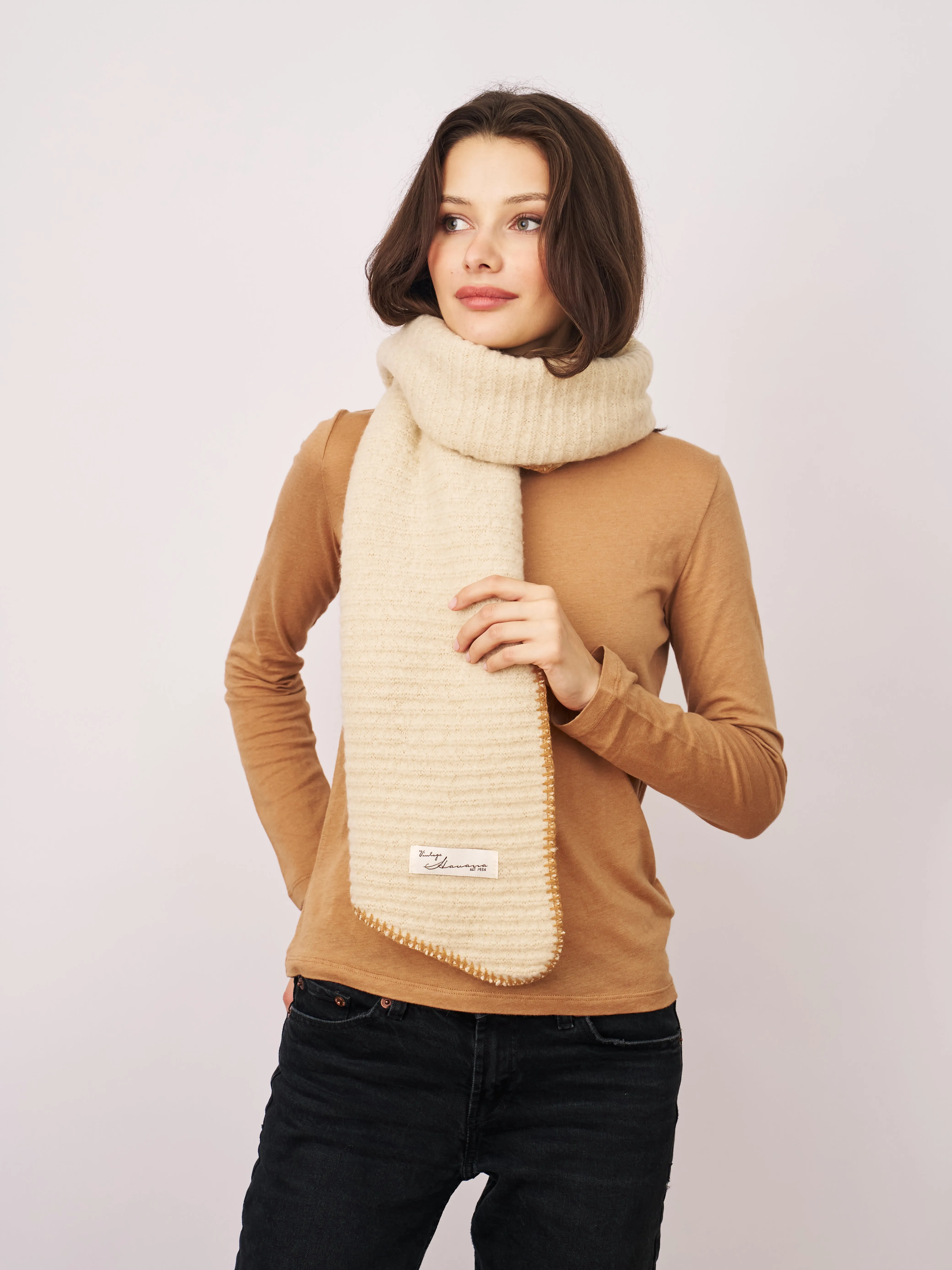 BLANKET STITCH KNIT SCARF - IVORY/WHEAT sold by Vintage Havana