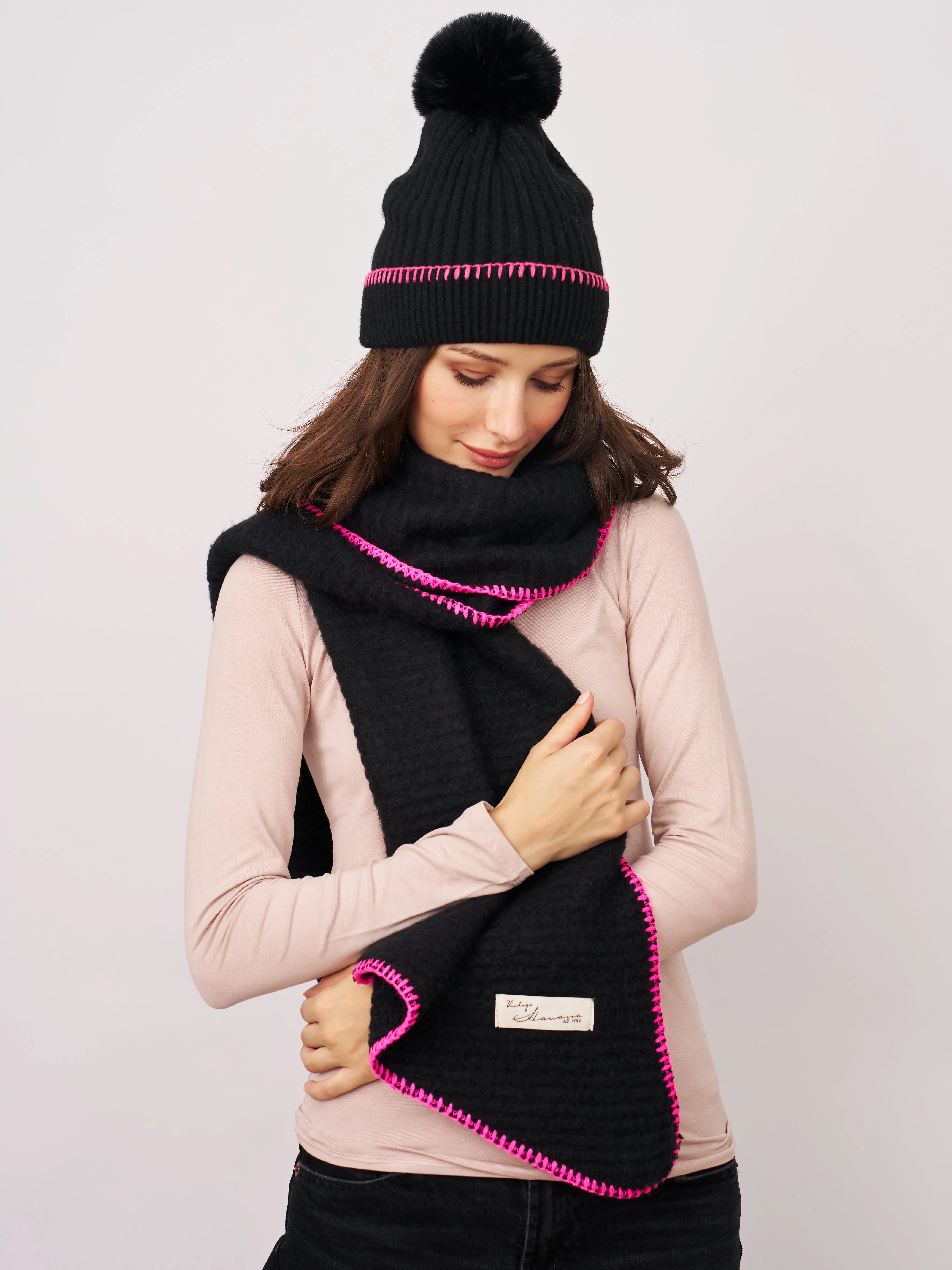 BLANKET STITCH KNIT SCARF - BLACK/B PINK sold by Vintage Havana product image thumbnail 2