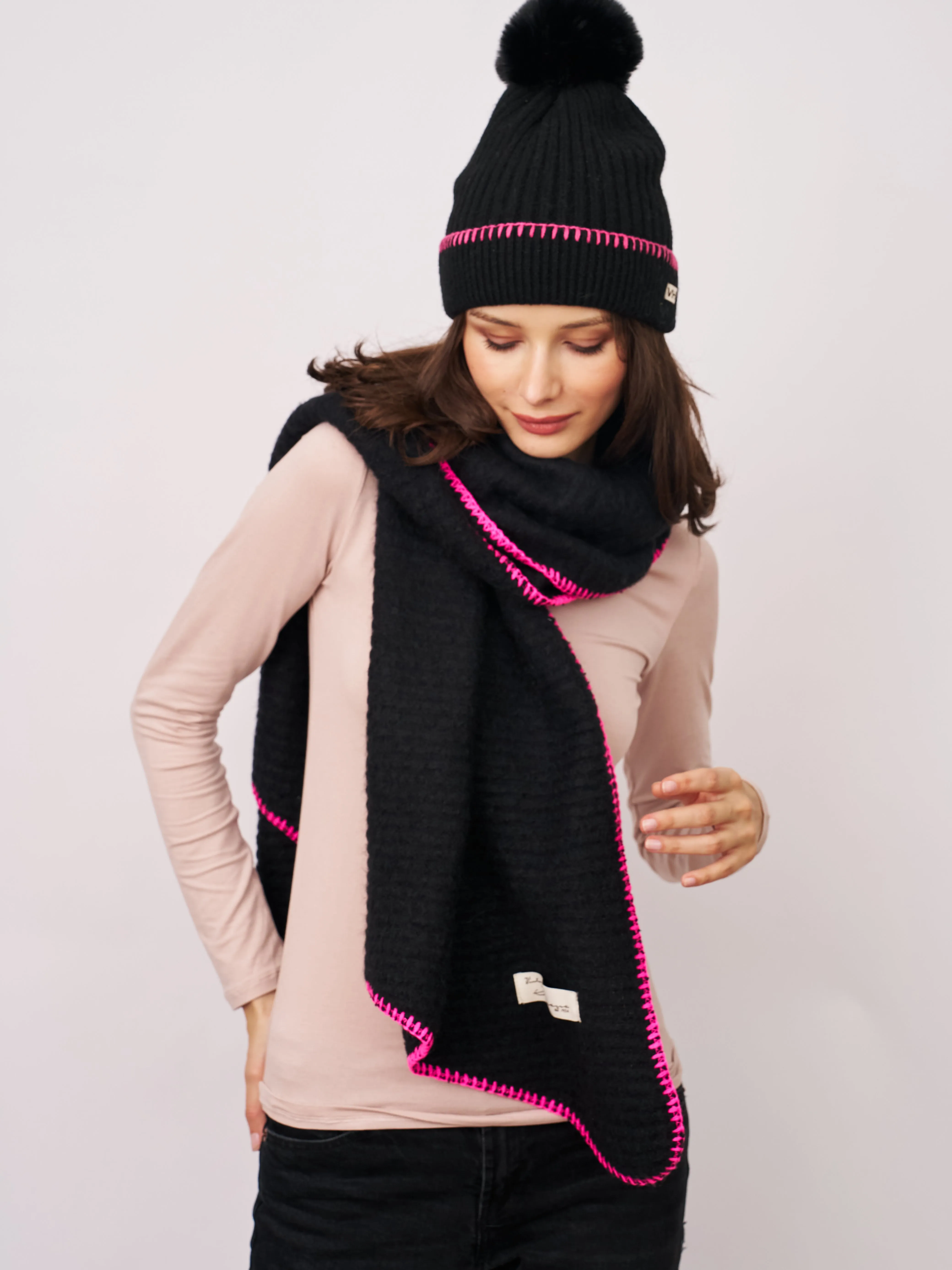 BLANKET STITCH KNIT SCARF - BLACK/B PINK sold by Vintage Havana product image thumbnail 3