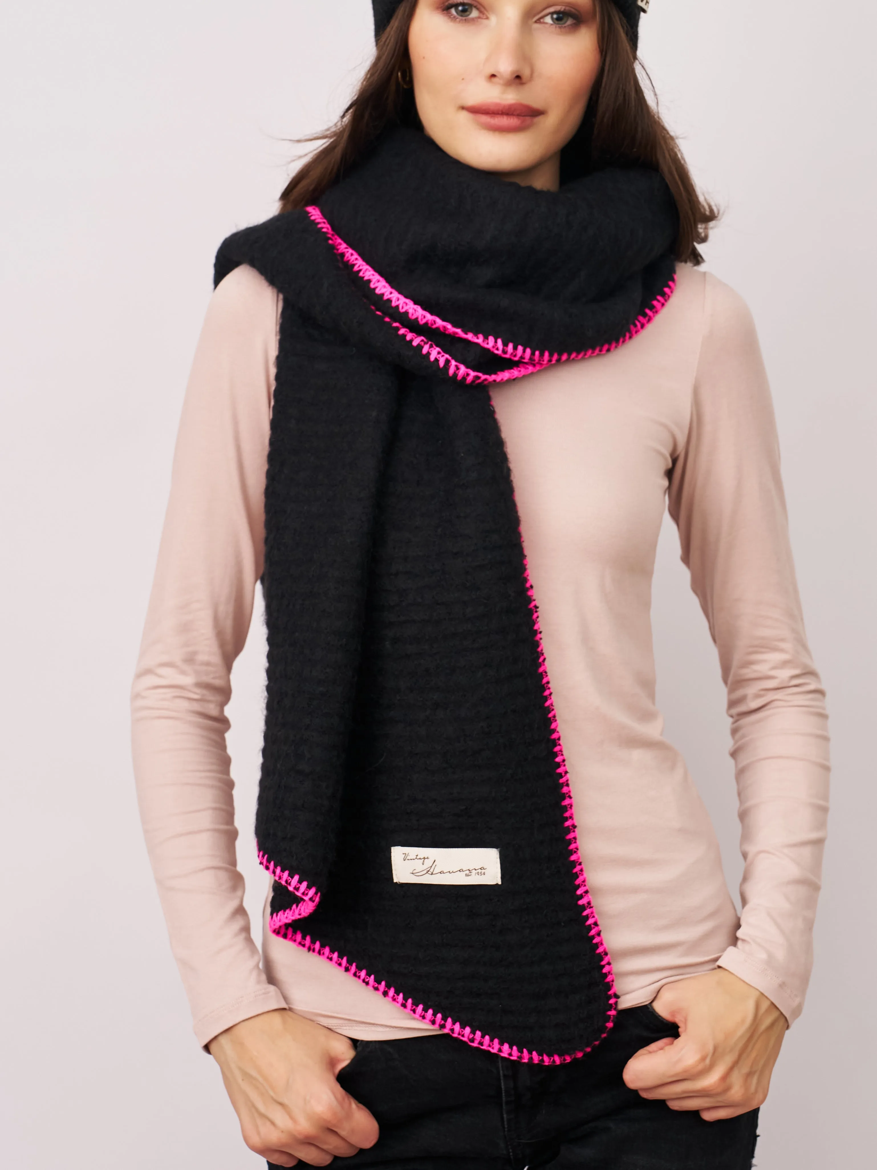 BLANKET STITCH KNIT SCARF - BLACK/B PINK sold by Vintage Havana