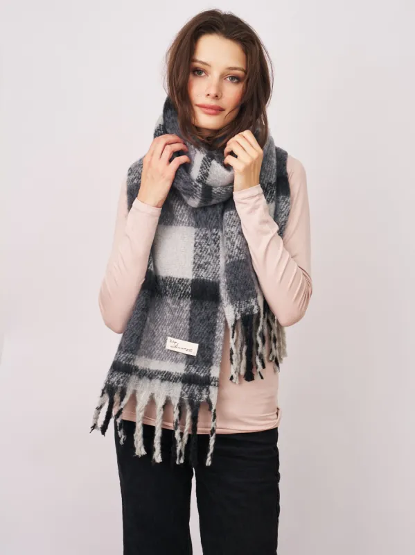 CHECK BRUSH TASSEL SCARF - BLACK sold by Vintage Havana