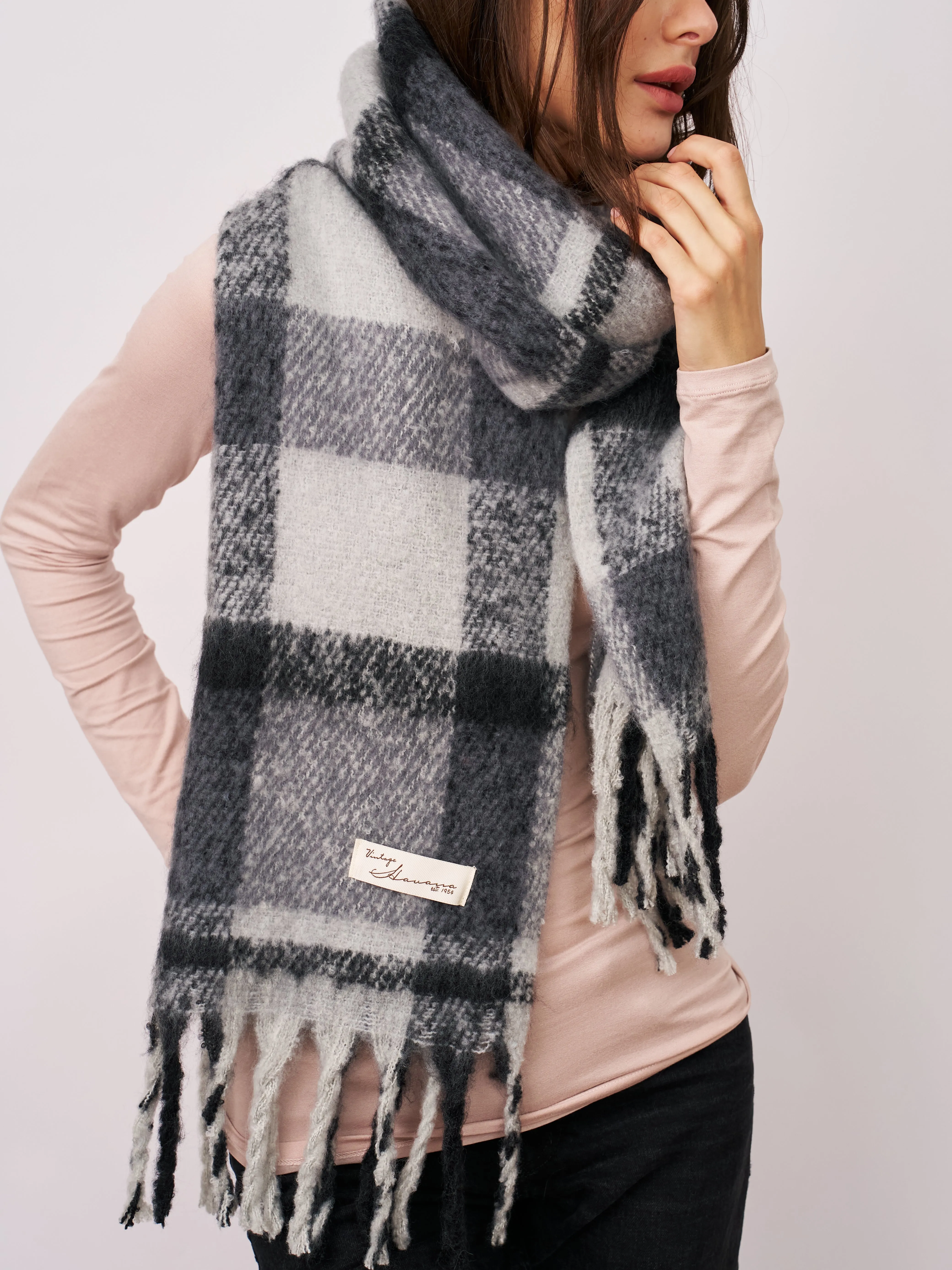 CHECK BRUSH TASSEL SCARF - BLACK sold by Vintage Havana product image thumbnail 2