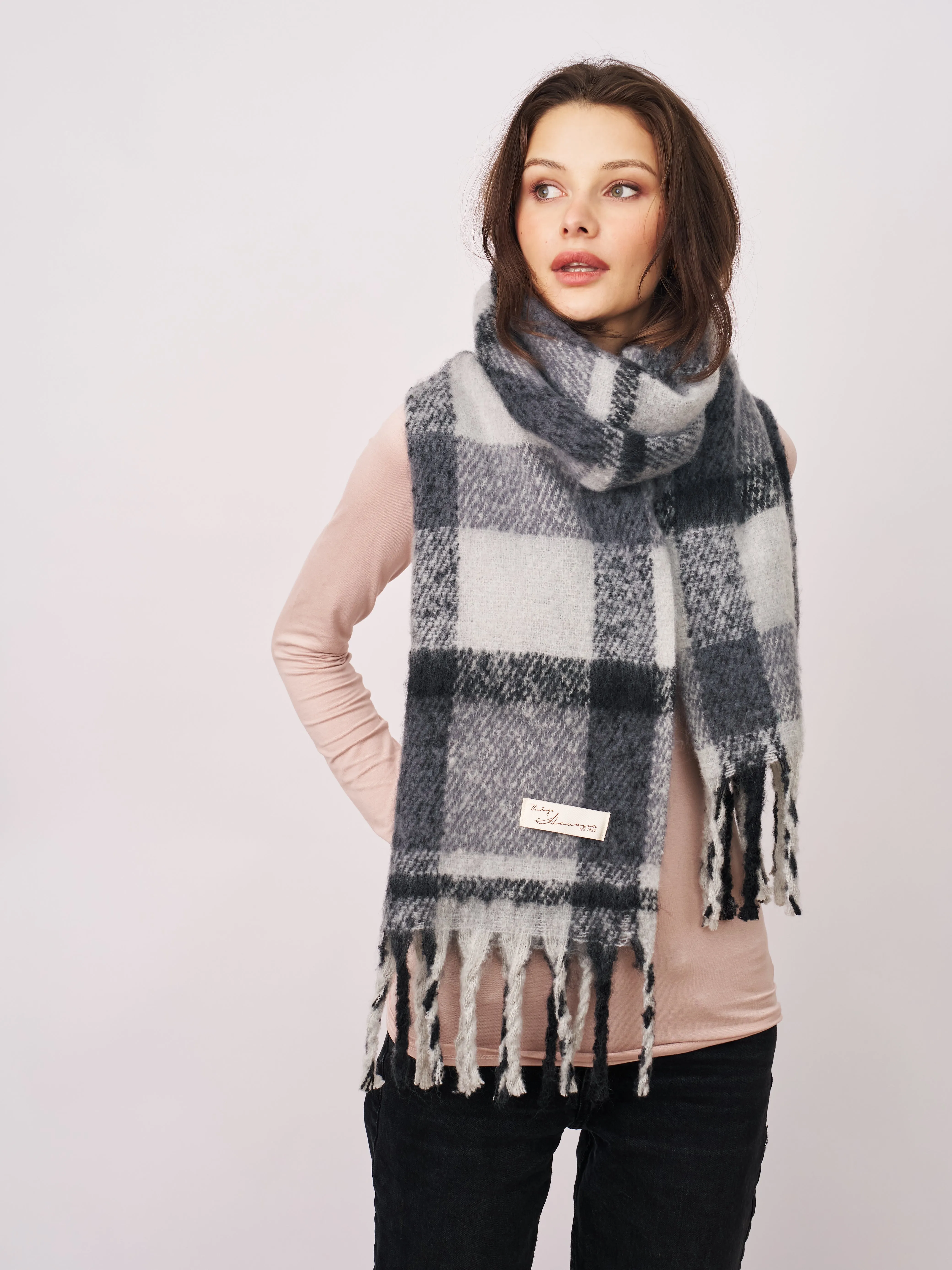 CHECK BRUSH TASSEL SCARF - BLACK sold by Vintage Havana product image thumbnail 3