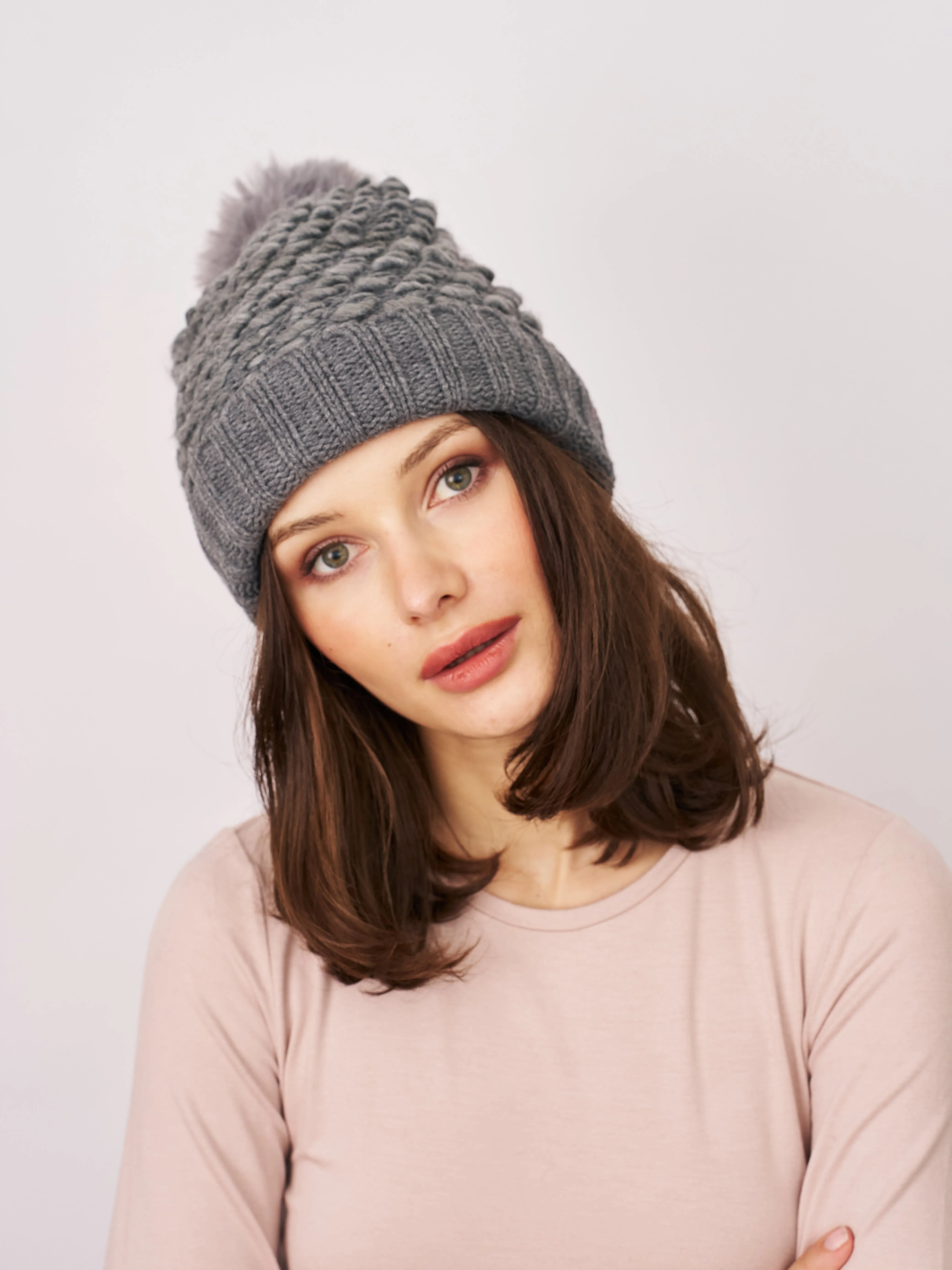 TURN UP POMPOM HAT - GREY sold by Vintage Havana product image thumbnail 3