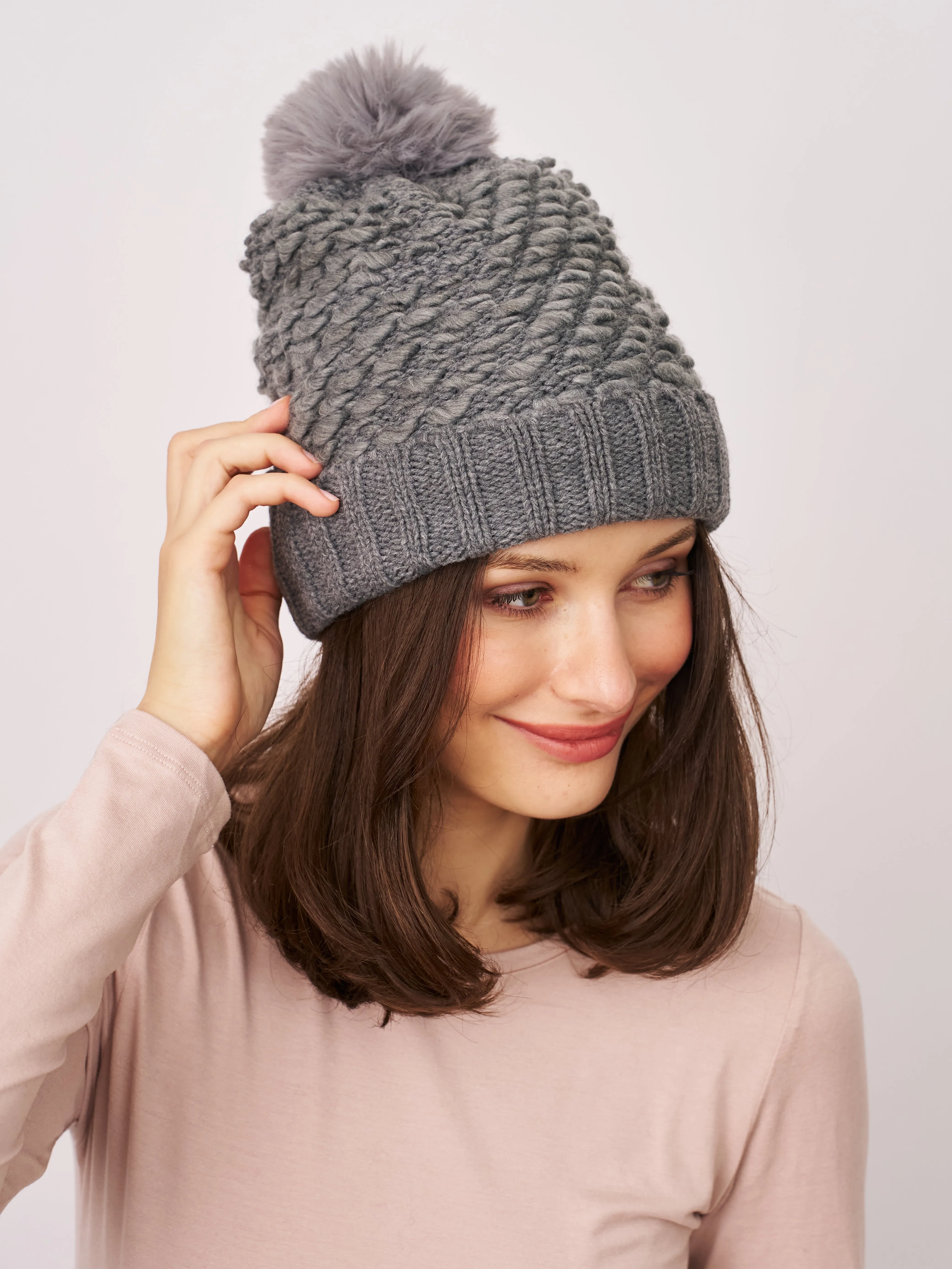 TURN UP POMPOM HAT - GREY sold by Vintage Havana