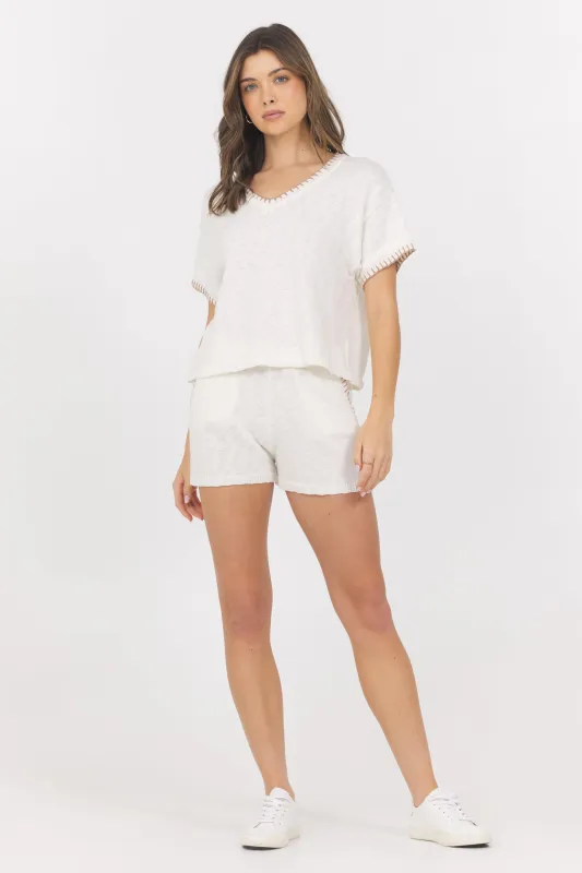 White Summer Sand Short Sleeve Sweater w/ Whipstitch sold by Vintage Havana
