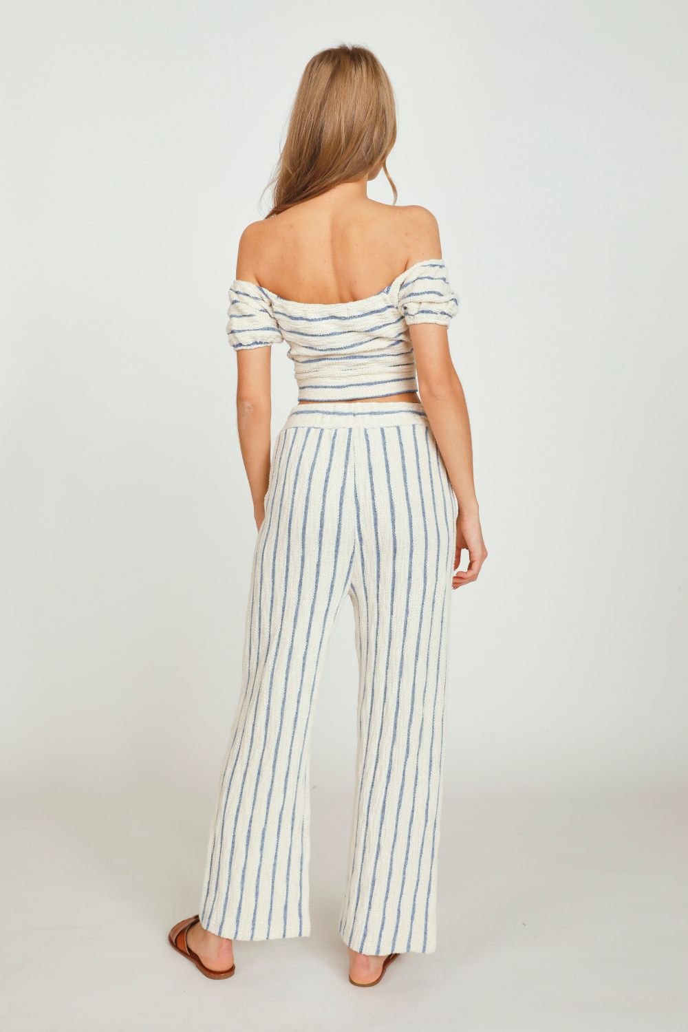 Ivory/Blue Stripe Loopy Knit Puff Sleeve Top sold by Vintage Havana product image thumbnail 4