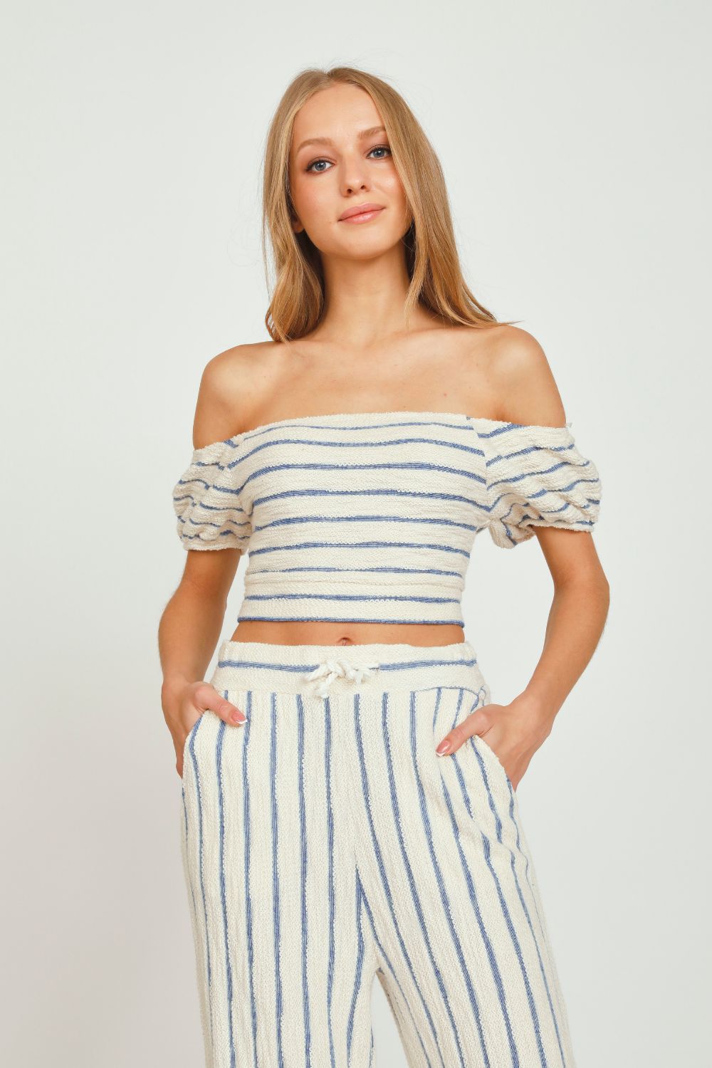 Ivory/Blue Stripe Loopy Knit Puff Sleeve Top sold by Vintage Havana