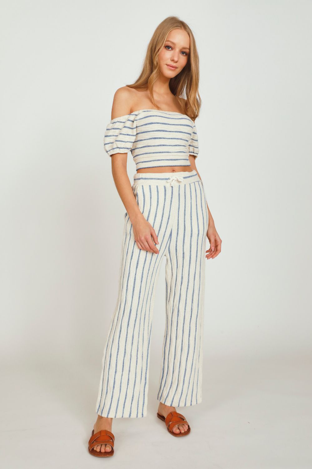 Ivory/Blue Stripe Loopy Knit Puff Sleeve Top sold by Vintage Havana product image thumbnail 3