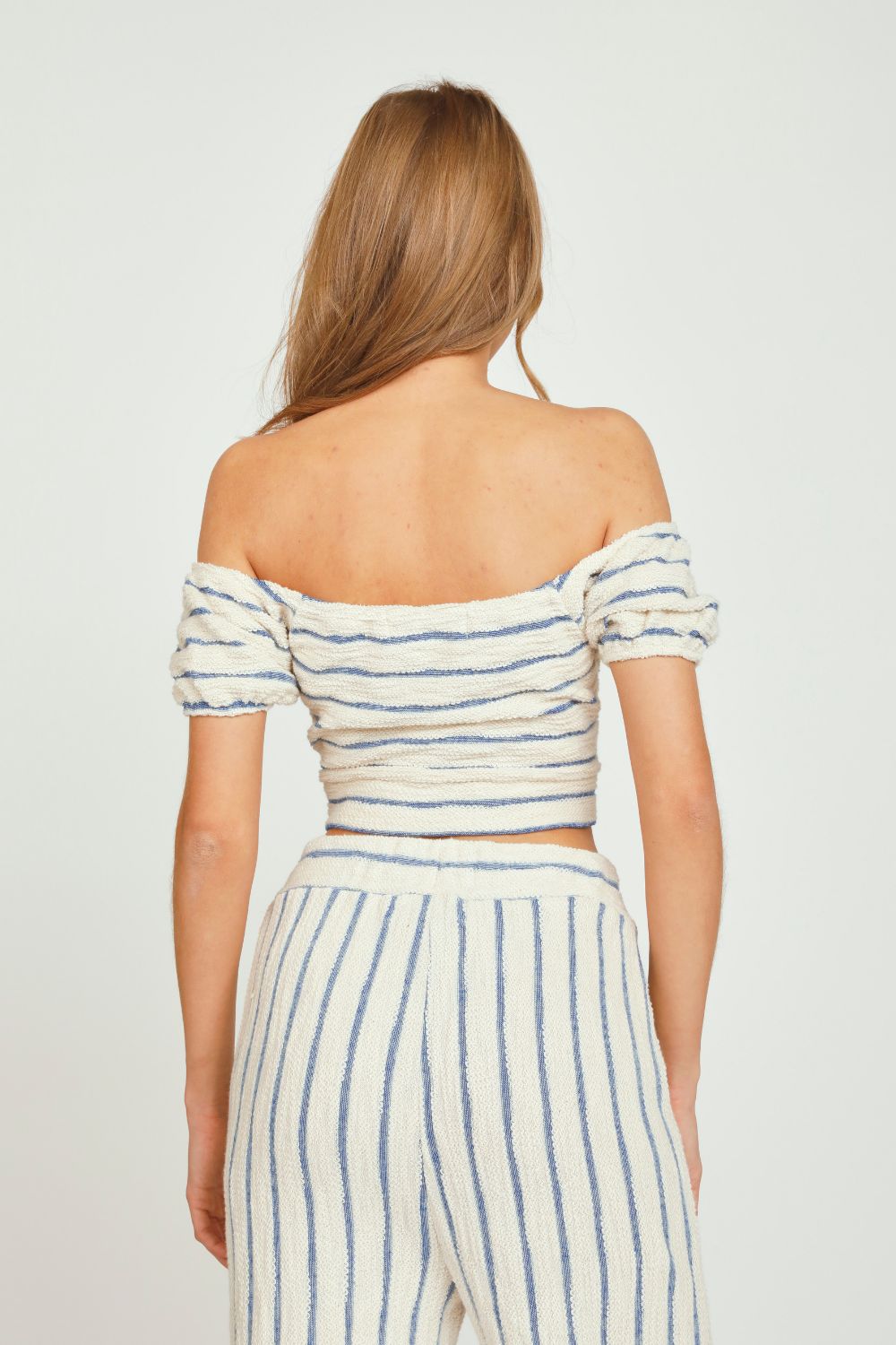 Ivory/Blue Stripe Loopy Knit Puff Sleeve Top sold by Vintage Havana product image thumbnail 2