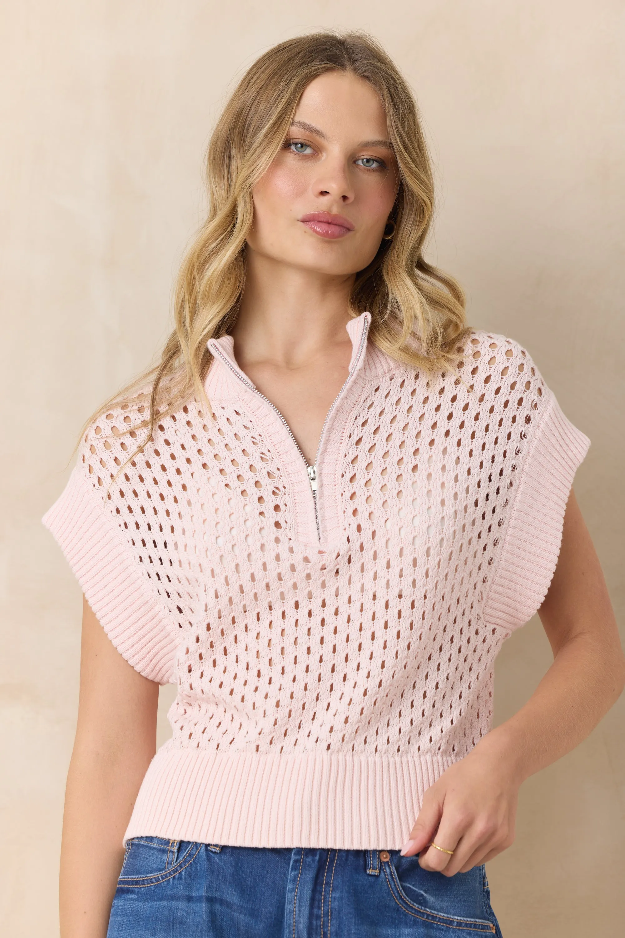 Open Knit Short Sleeve Quarter Zip Sweater sold by Vintage Havana product image thumbnail 4