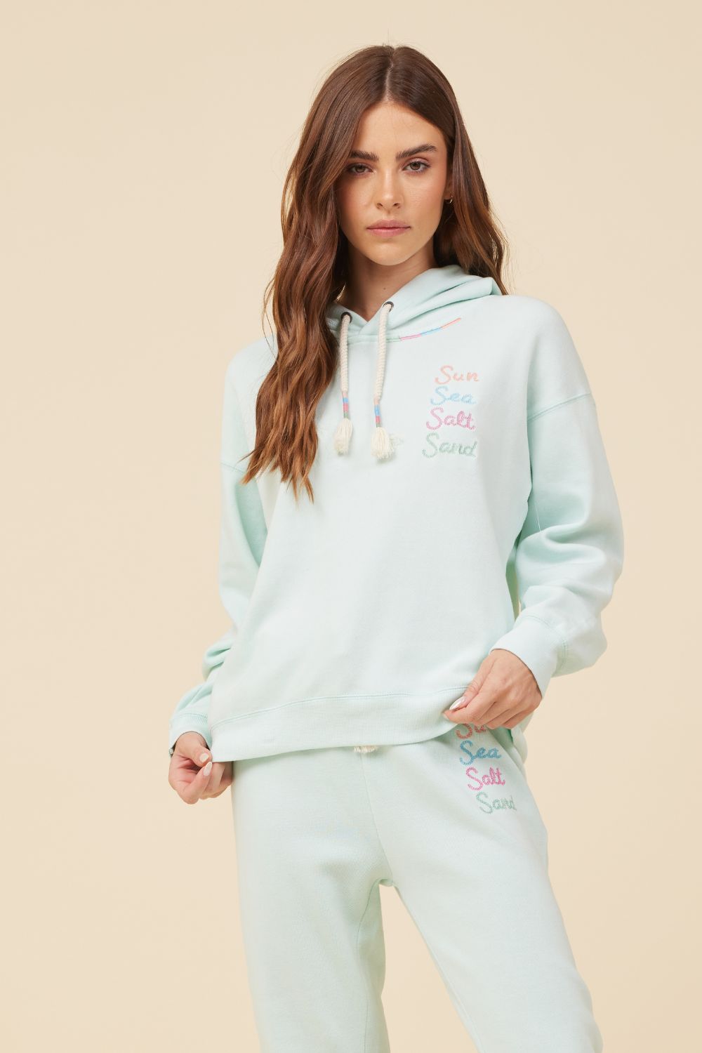 Light Aqua w/ Multicolor Burnout Fleece Embroidered Hoodie sold by Vintage Havana