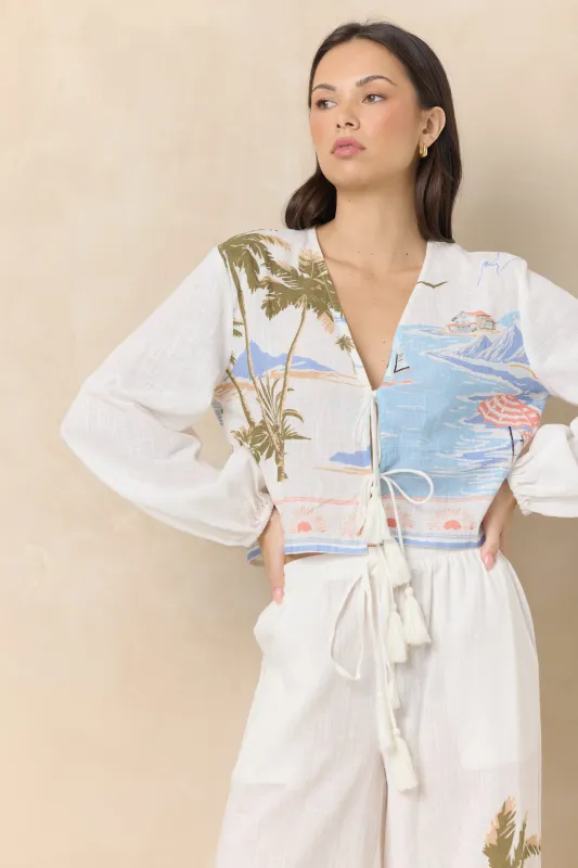 Printed Linen Long Sleeve Tie Top made by Vintage Havana