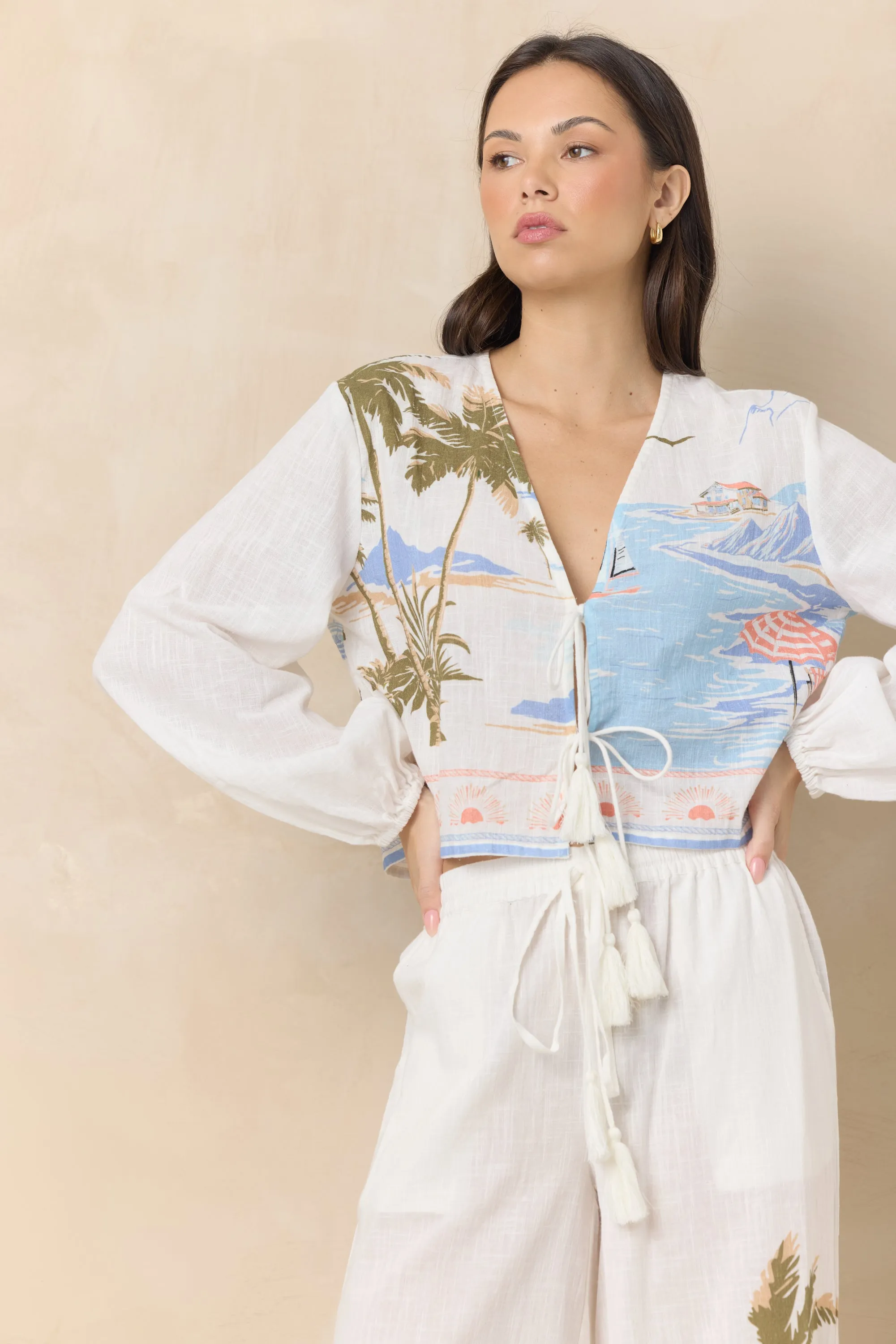 Printed Linen Long Sleeve Tie Top sold by Vintage Havana
