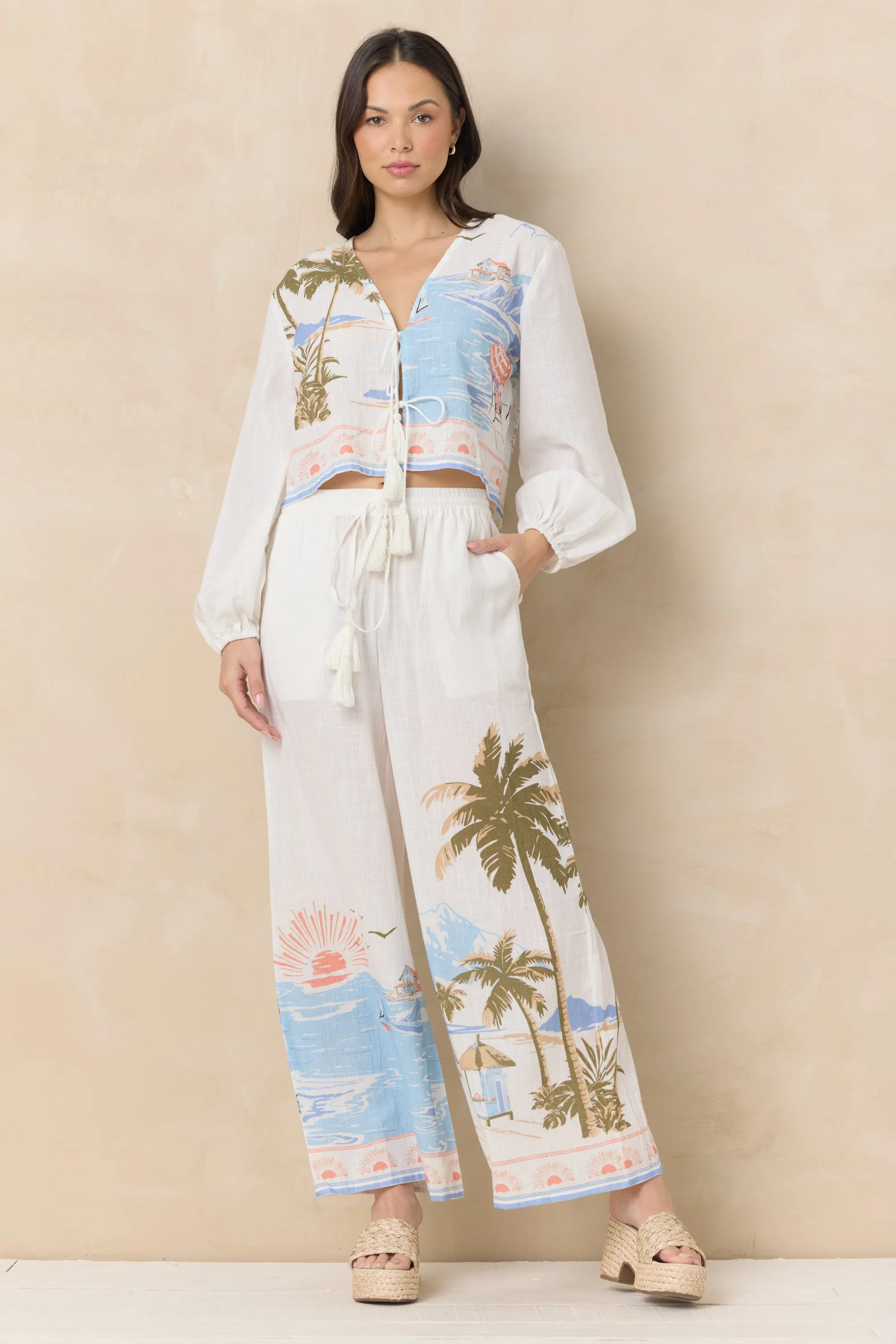 Printed Linen Long Sleeve Tie Top sold by Vintage Havana product image thumbnail 2