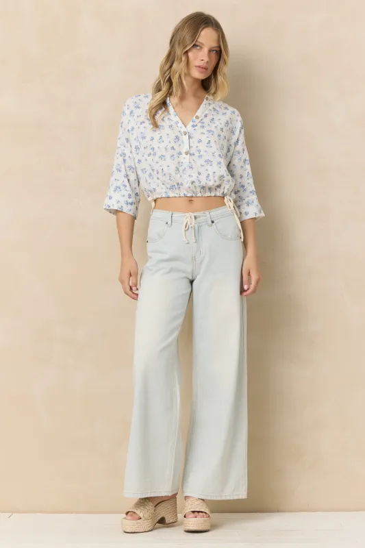 Button Front Short Sleeve Top - Blue Ditsy Floral made by Vintage Havana