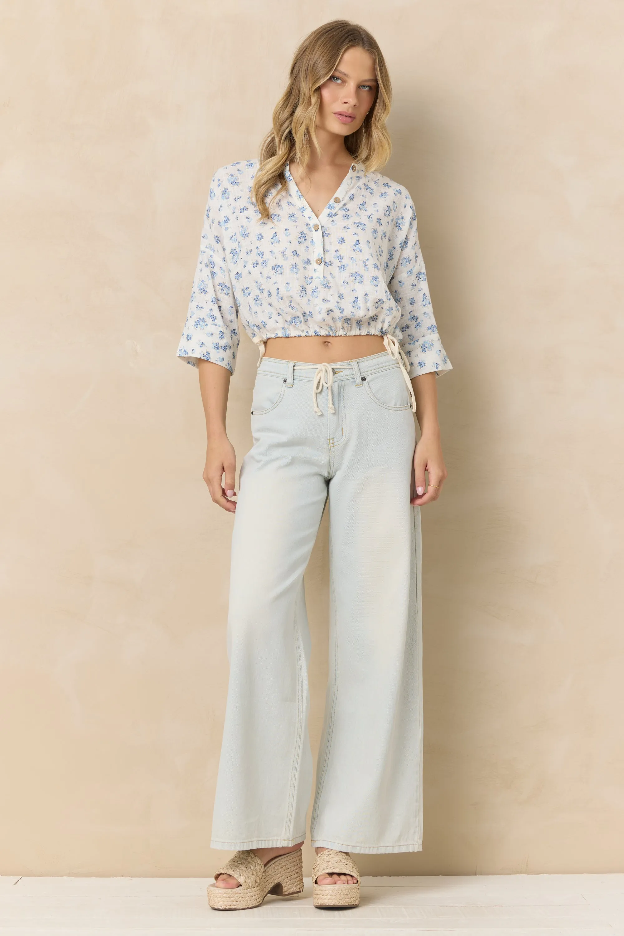 Button Front Short Sleeve Top - Blue Ditsy Floral sold by Vintage Havana