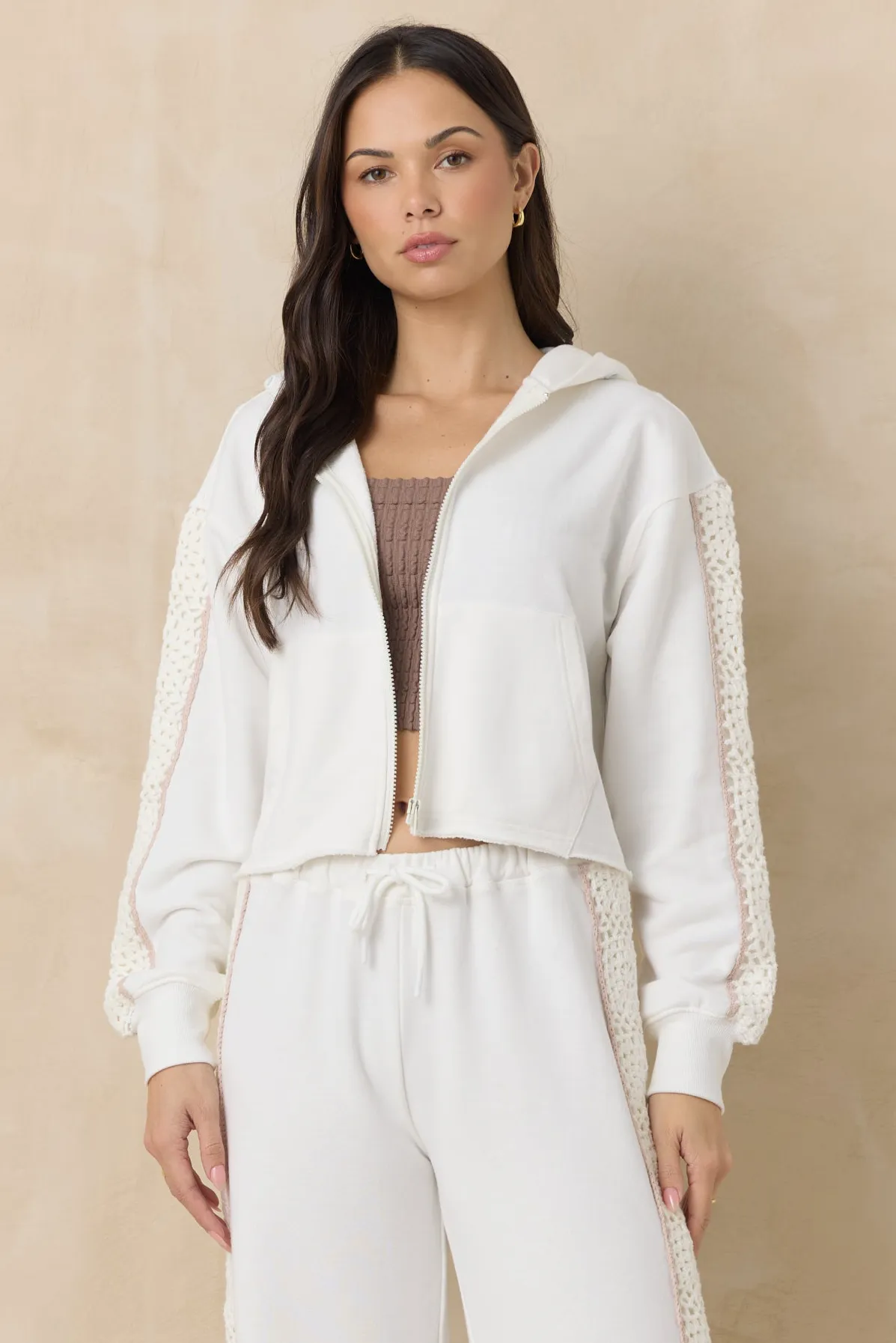 French Terry Zip-Up Sweatshirt with Square Crochet Insert sold by Vintage Havana