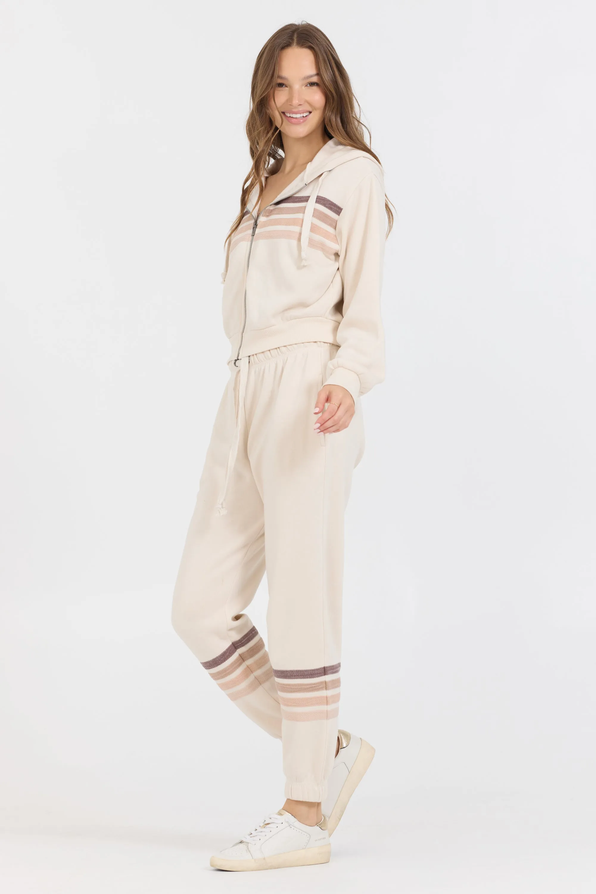 French Vanilla W/ Neutral Stripe Burnout Fleece Zip Up sold by Vintage Havana product image thumbnail 4