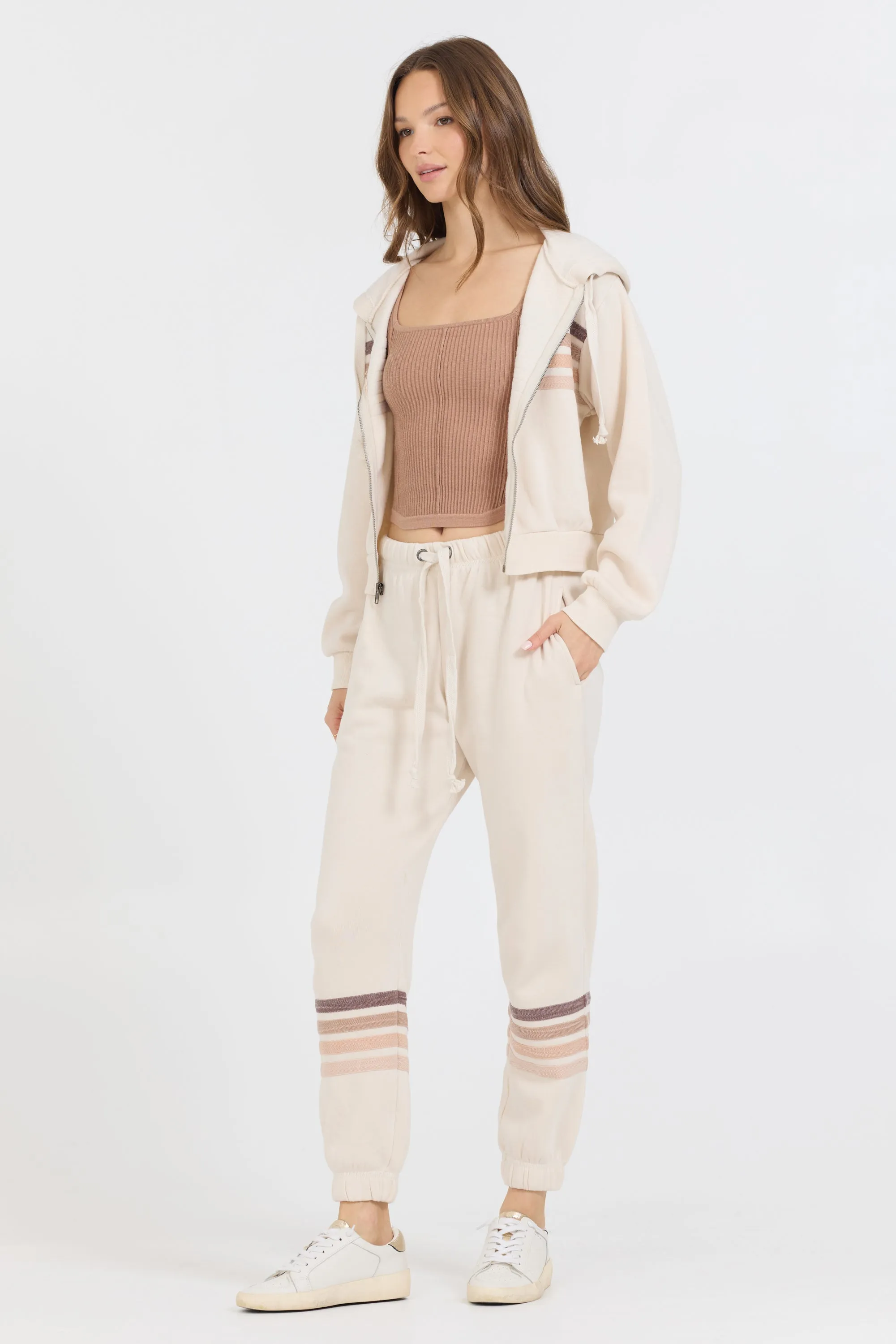 French Vanilla W/ Neutral Stripe Burnout Fleece Zip Up sold by Vintage Havana product image thumbnail 3