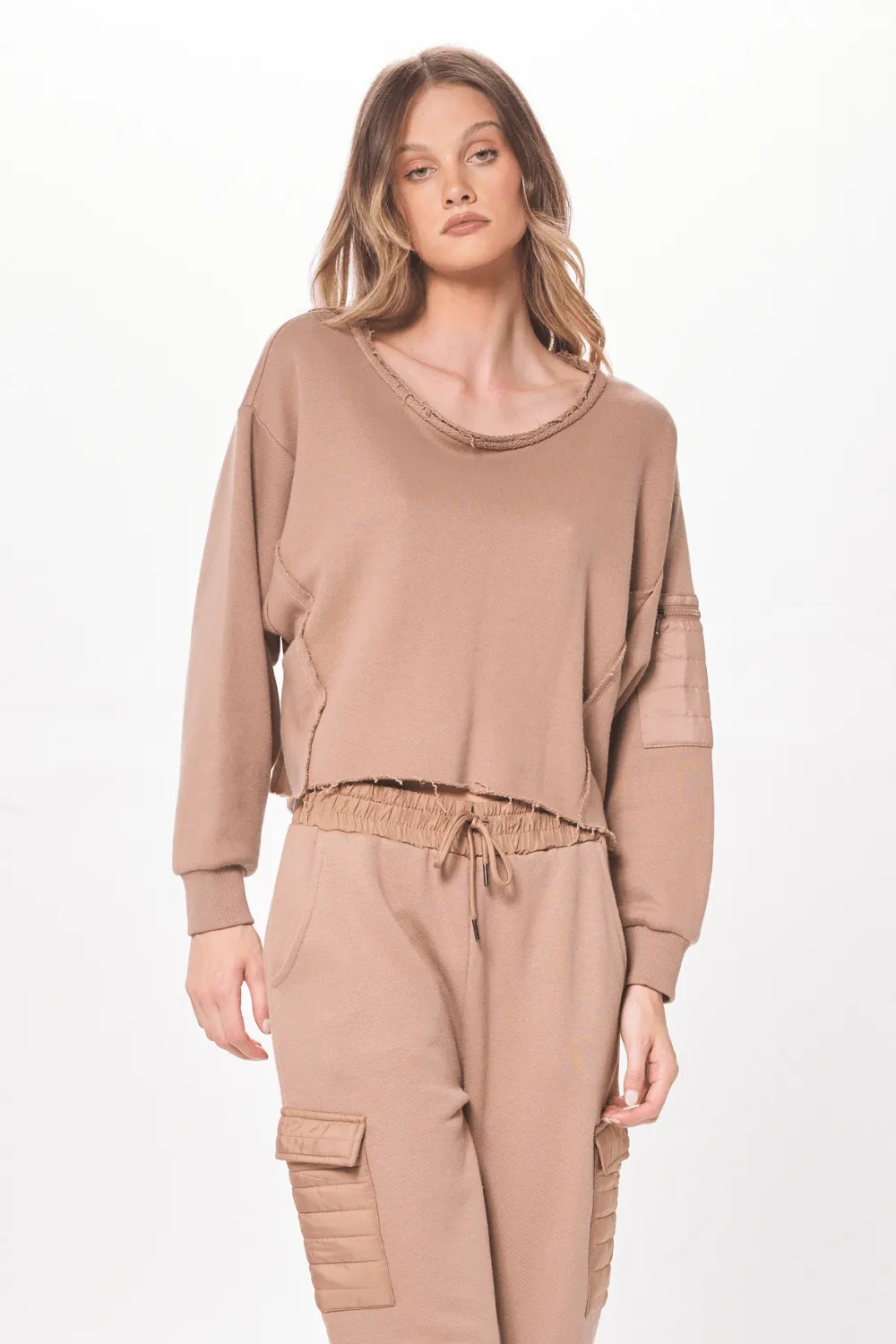 Caramel Latte Heavy French Terry Utility Crewneck sold by Vintage Havana