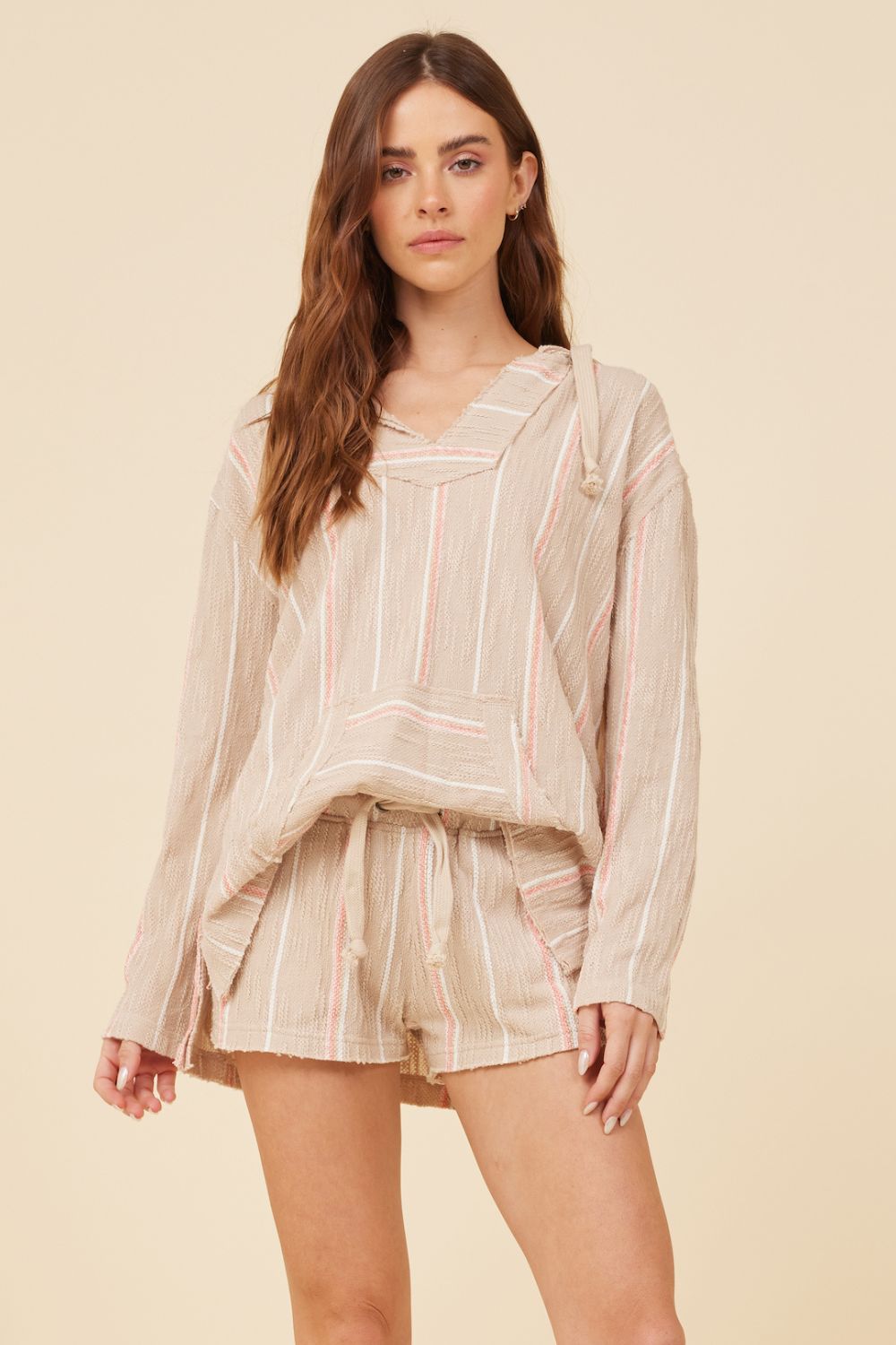 Soft Tan w/ Mixed Stripes Textured Hoodie sold by Vintage Havana