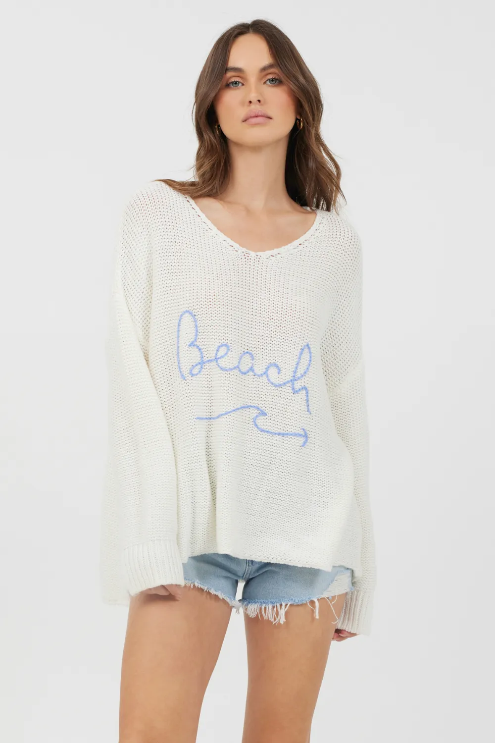 Warm White & Blue "Beach" Embroidered V-Neck Sweater sold by Vintage Havana