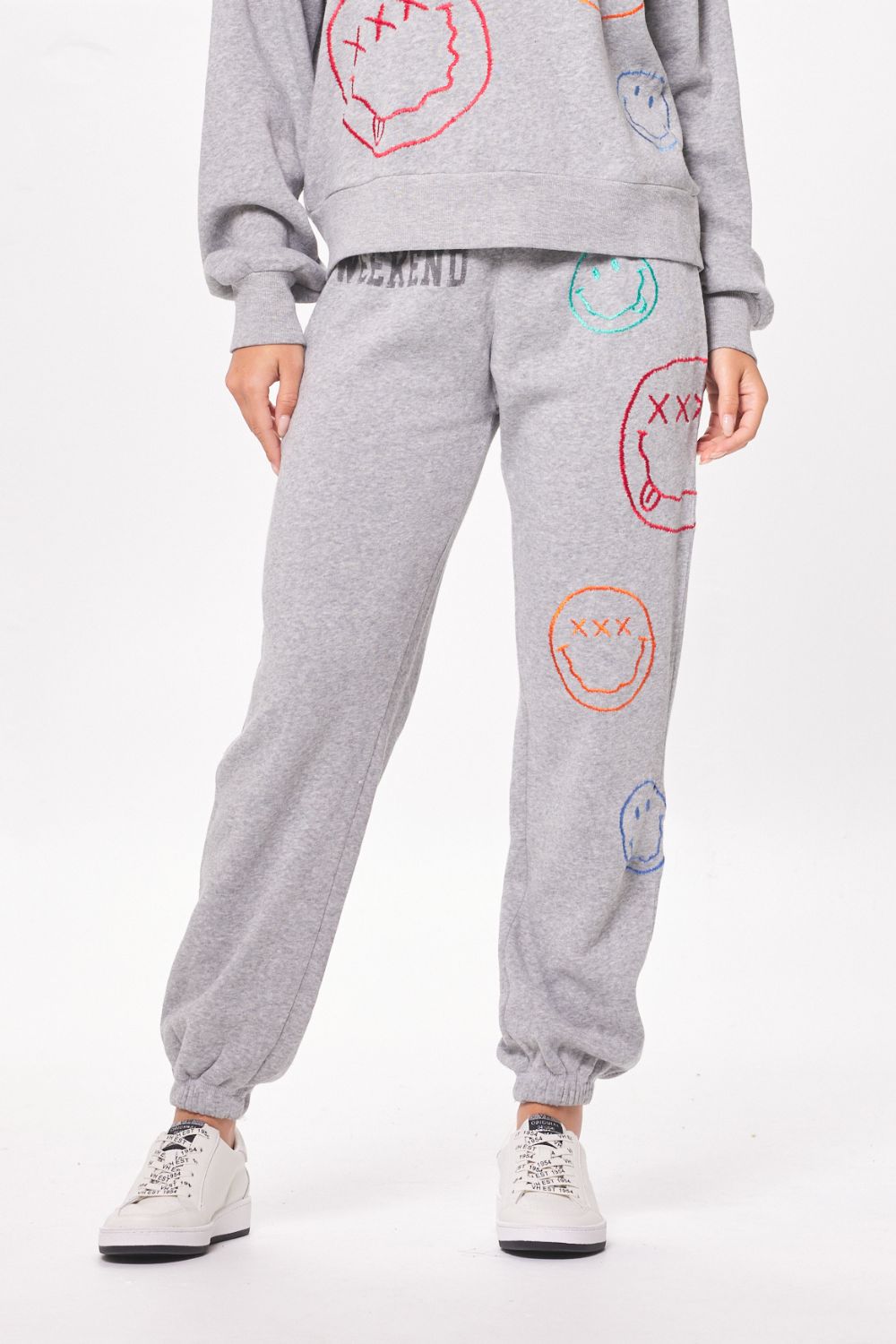 Heather Grey Burnout Fleece Joggers w/ Smiley Embroidery sold by Vintage Havana