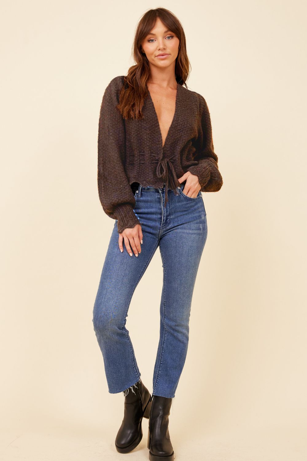 Brown Lace-Up Balloon Sleeve Sweater sold by Vintage Havana product image thumbnail 3