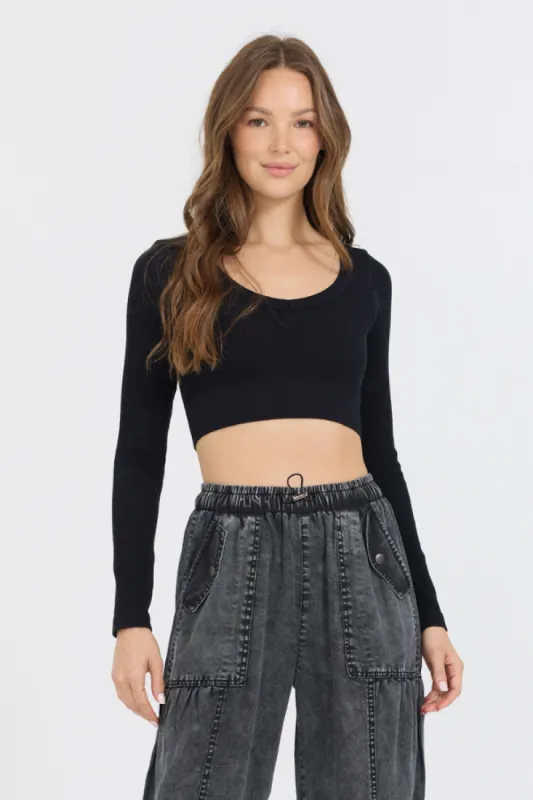 Black Seamless Long Sleeve V Neck sold by Vintage Havana