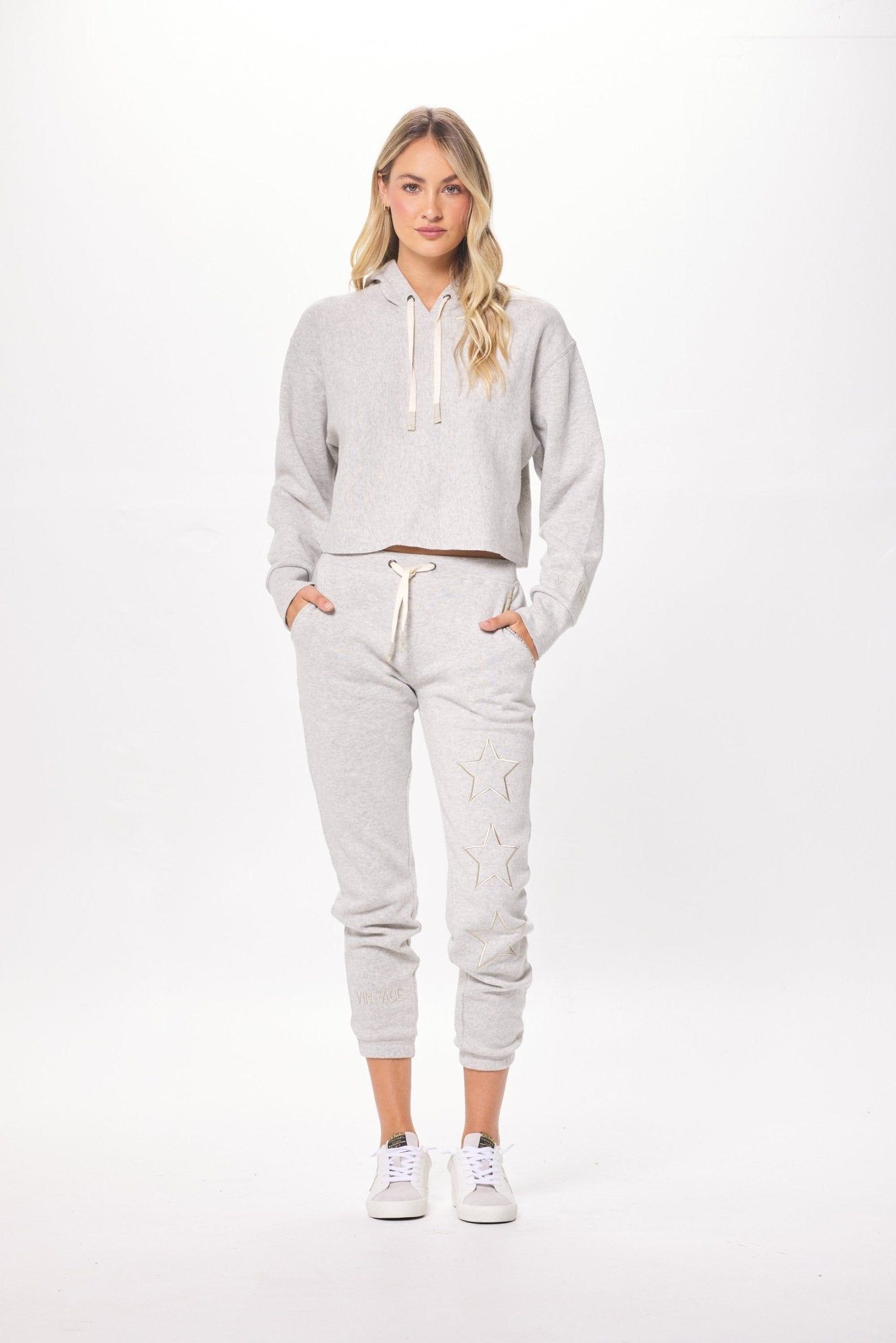 Heather Grey & Metallic Trim Cropped Hoodie w/ Star Embroidery sold by Vintage Havana product image thumbnail 3