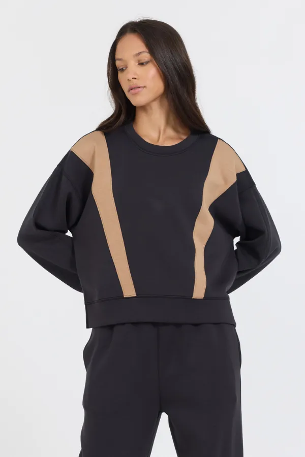 Black/ Caramel Colorblock Insert Cloud Fleece Crew sold by Vintage Havana