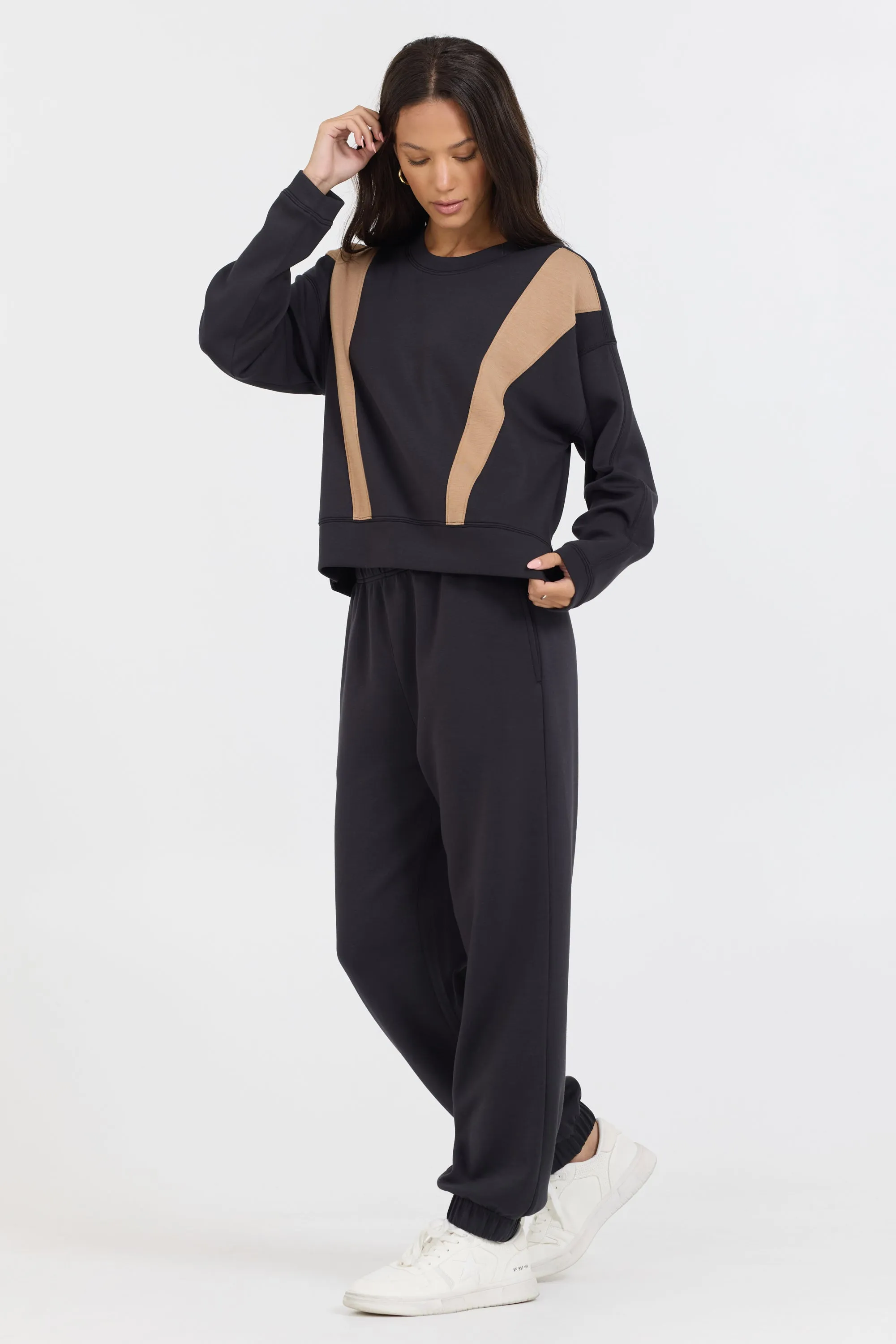 Black/ Caramel Colorblock Insert Cloud Fleece Crew sold by Vintage Havana product image thumbnail 4