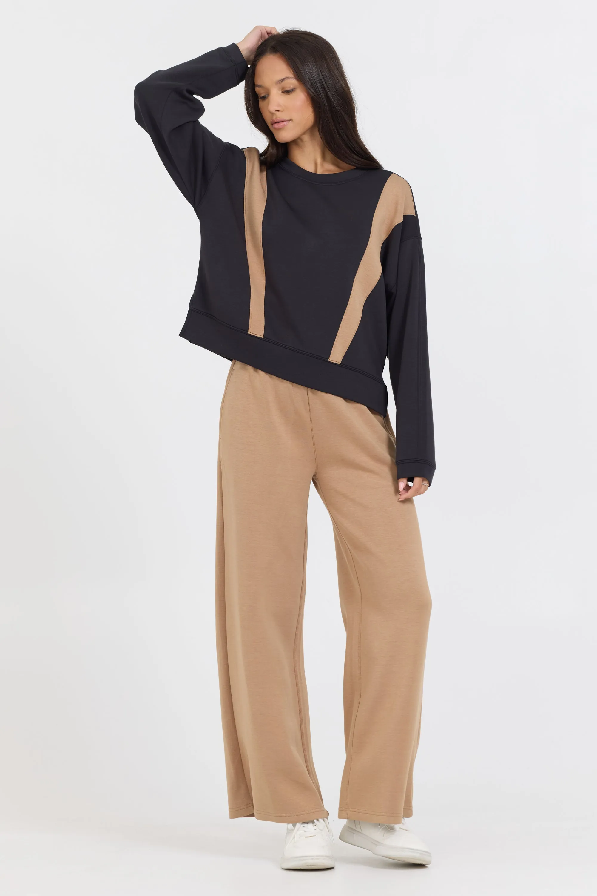 Black/ Caramel Colorblock Insert Cloud Fleece Crew sold by Vintage Havana product image thumbnail 3