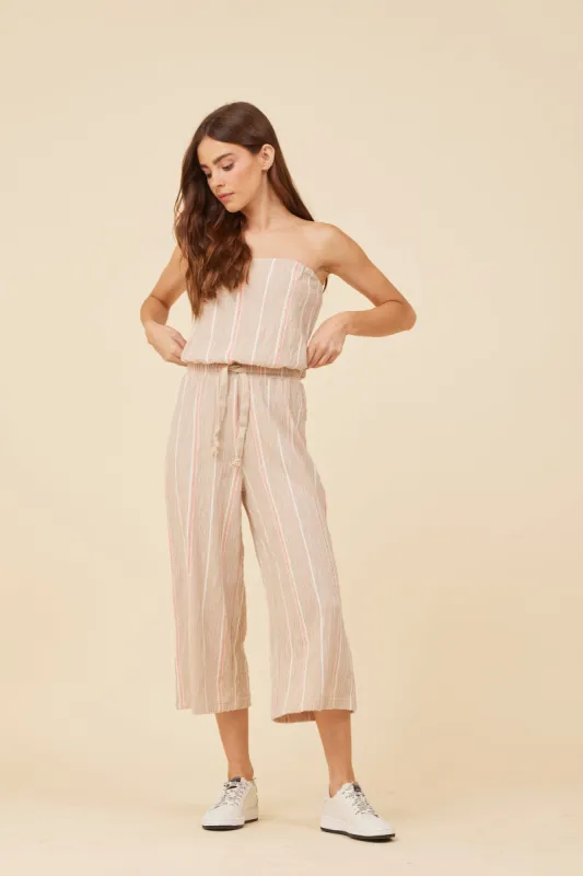 Soft Tan w/ Mixed Stripes Textured Jumpsuit sold by Vintage Havana
