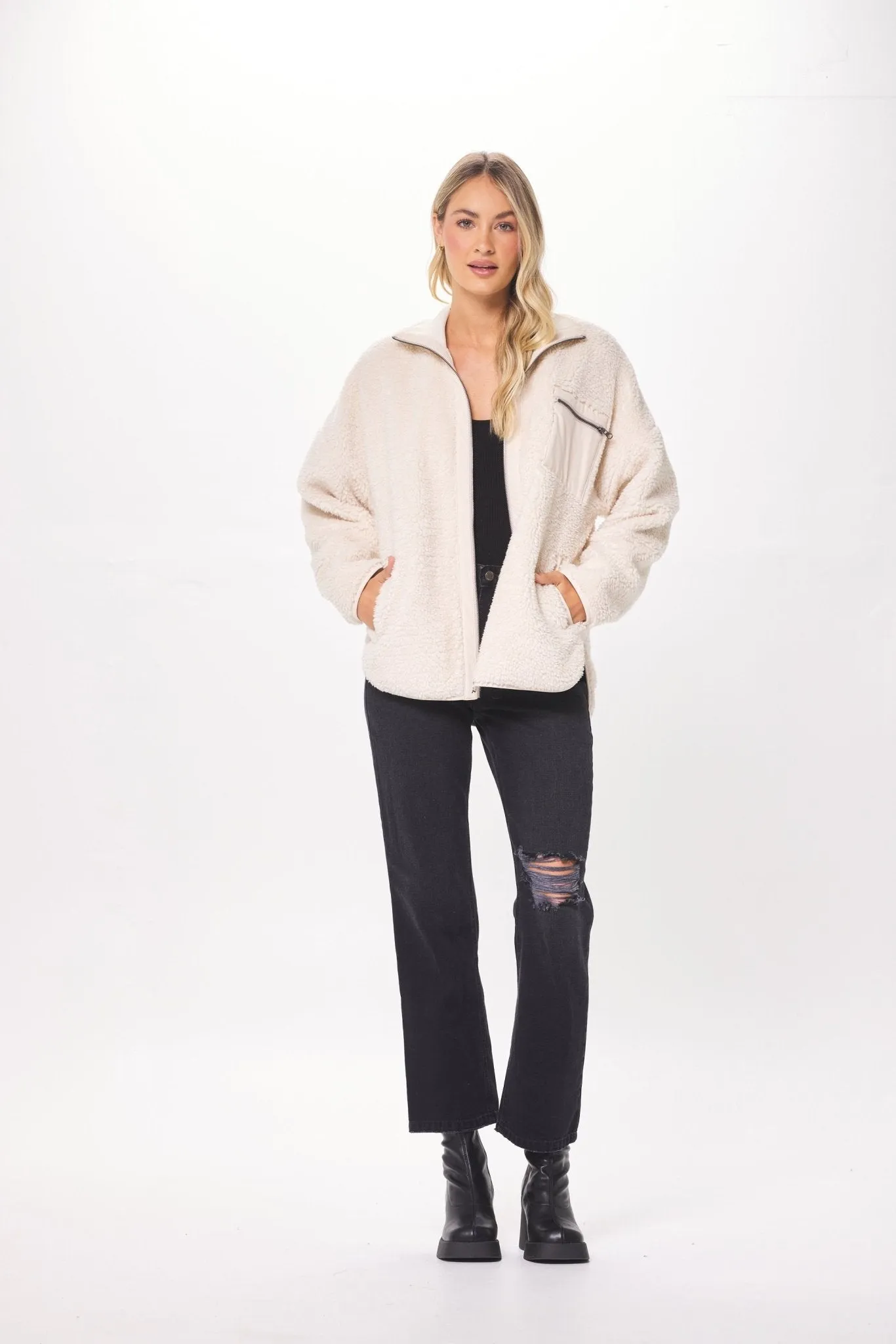 Ecru Shearling Zip Front Jacket w/ Faux Leather Combo sold by Vintage Havana product image thumbnail 3
