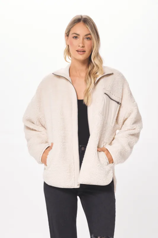 Ecru Shearling Zip Front Jacket w/ Faux Leather Combo sold by Vintage Havana