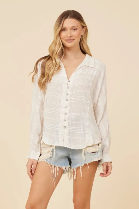 Ivory Beige Plaid Raw Edge Button Up Shirting sold by Vintage Havana