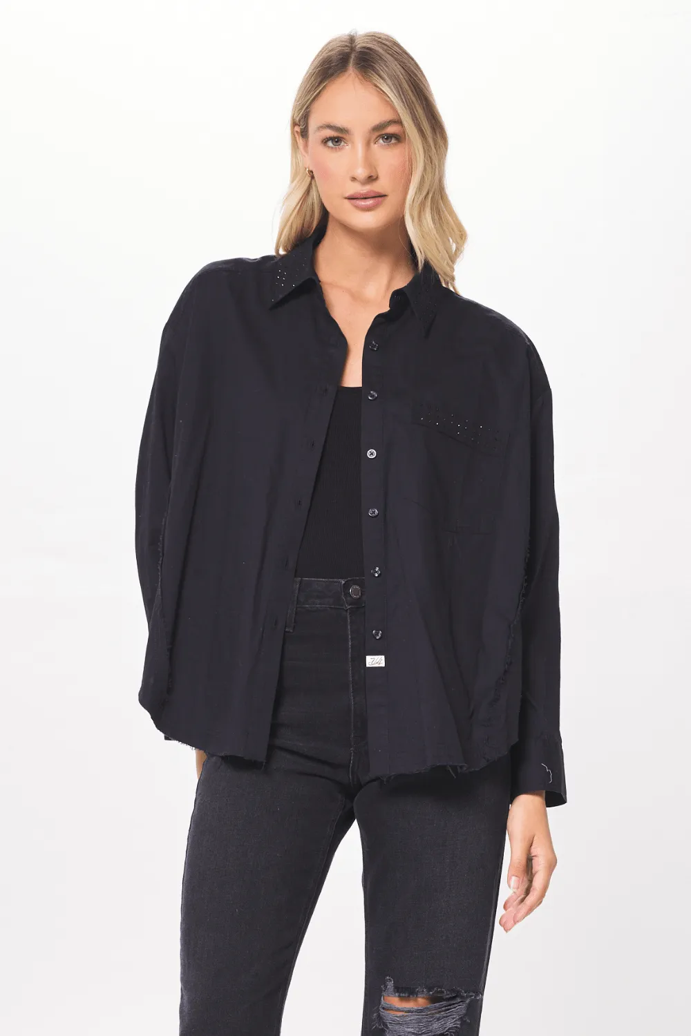 Black Poplin Shirting w/ Rhinestones sold by Vintage Havana