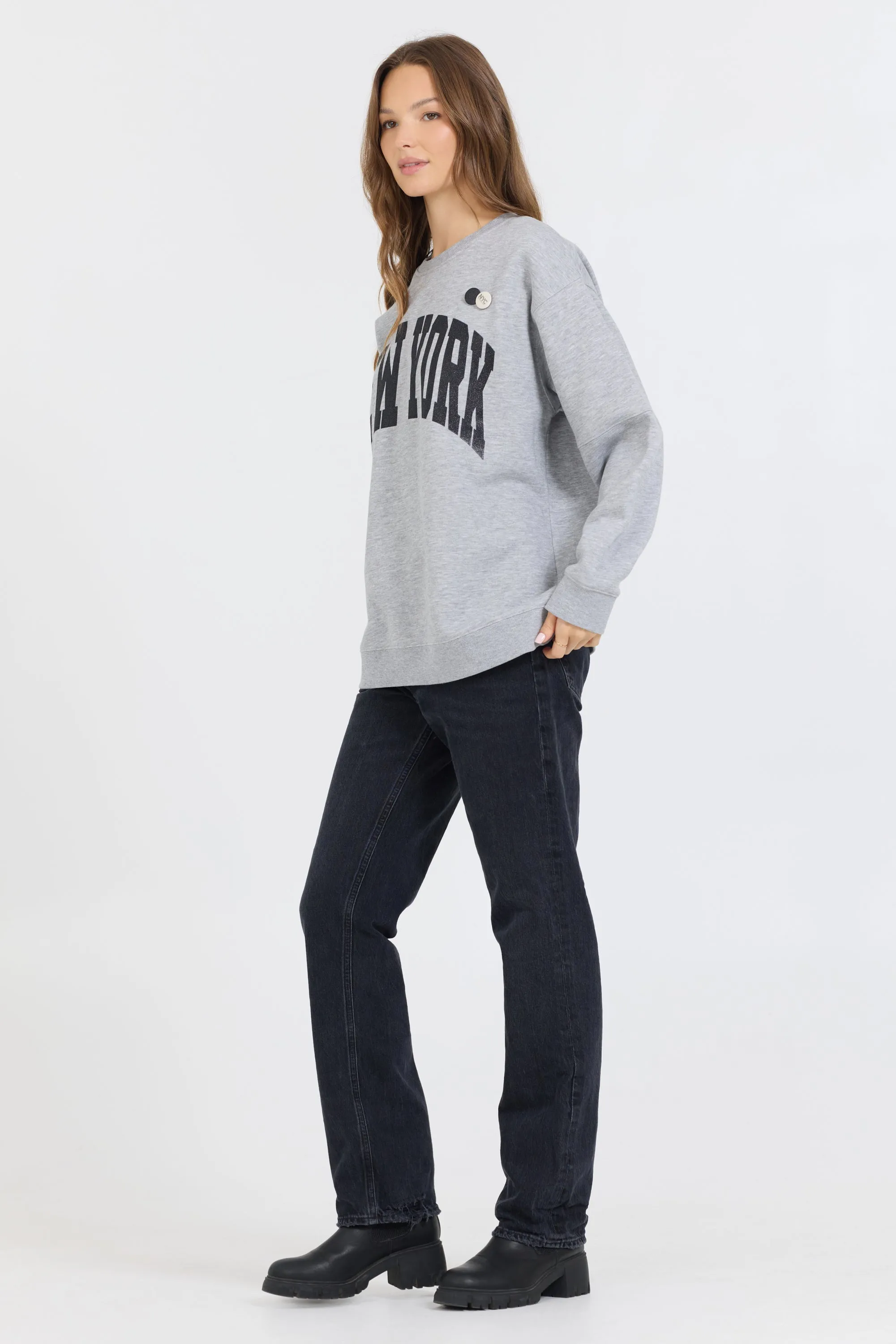 Heather Grey W/ Black Garment Dye Fleece Crew W/ Glitter Print sold by Vintage Havana product image thumbnail 3